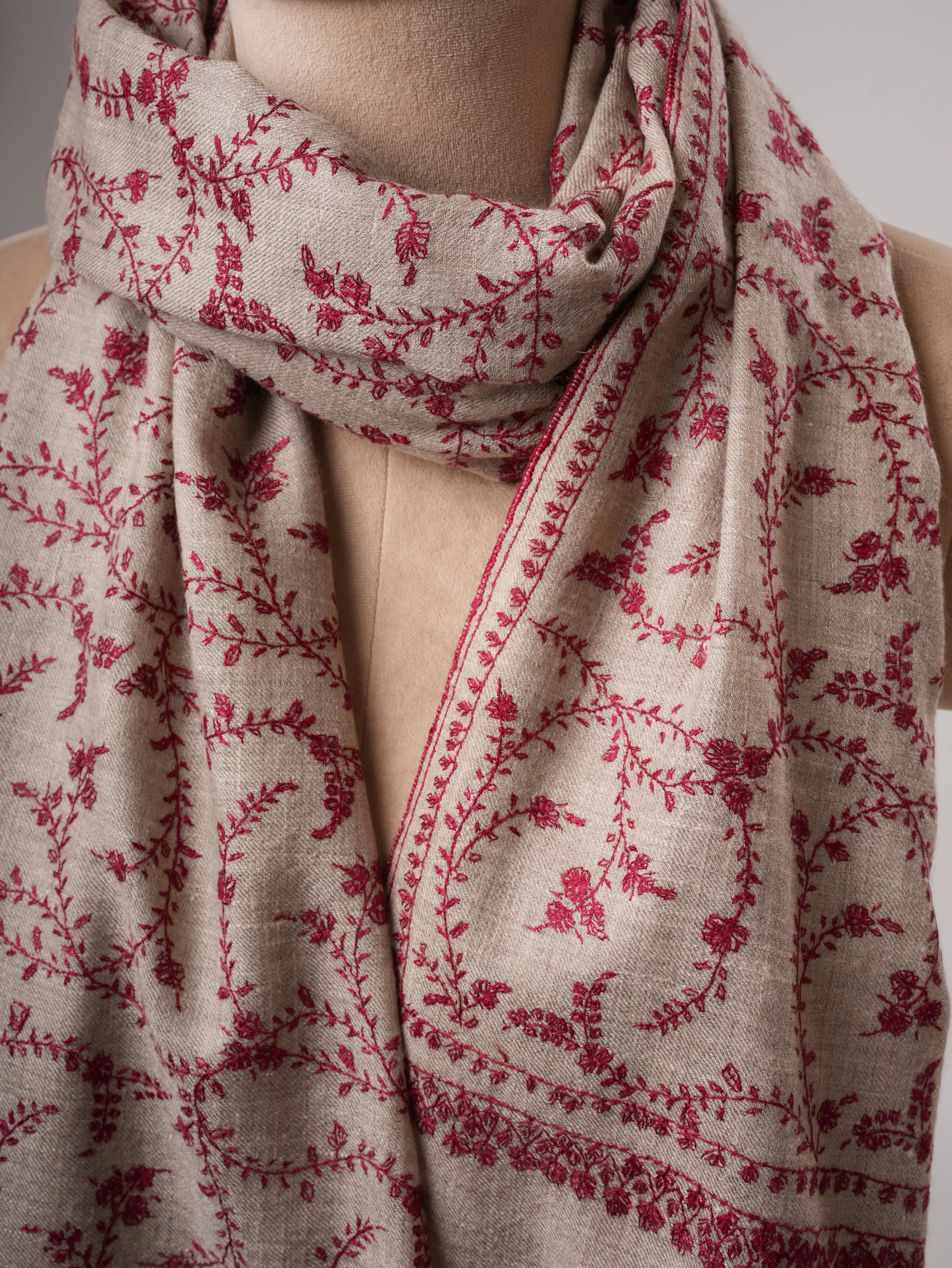 Hand Embroidered Natural Grey Cashmere Scarf with Jali Detailing Shahkaar