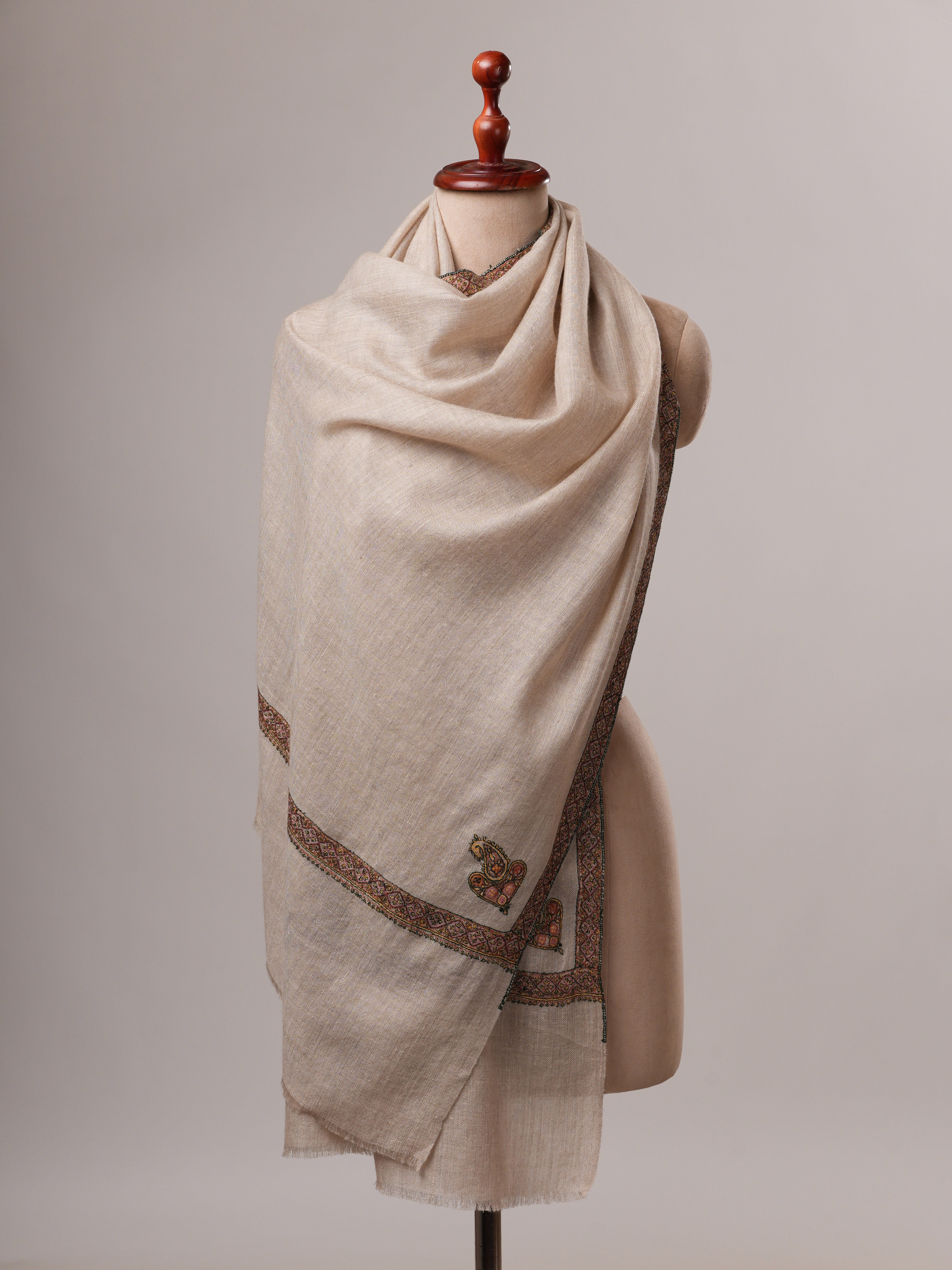 Contemporary Natural Grey Cashmere Scarf with Hashia Embroidery Shahkaar