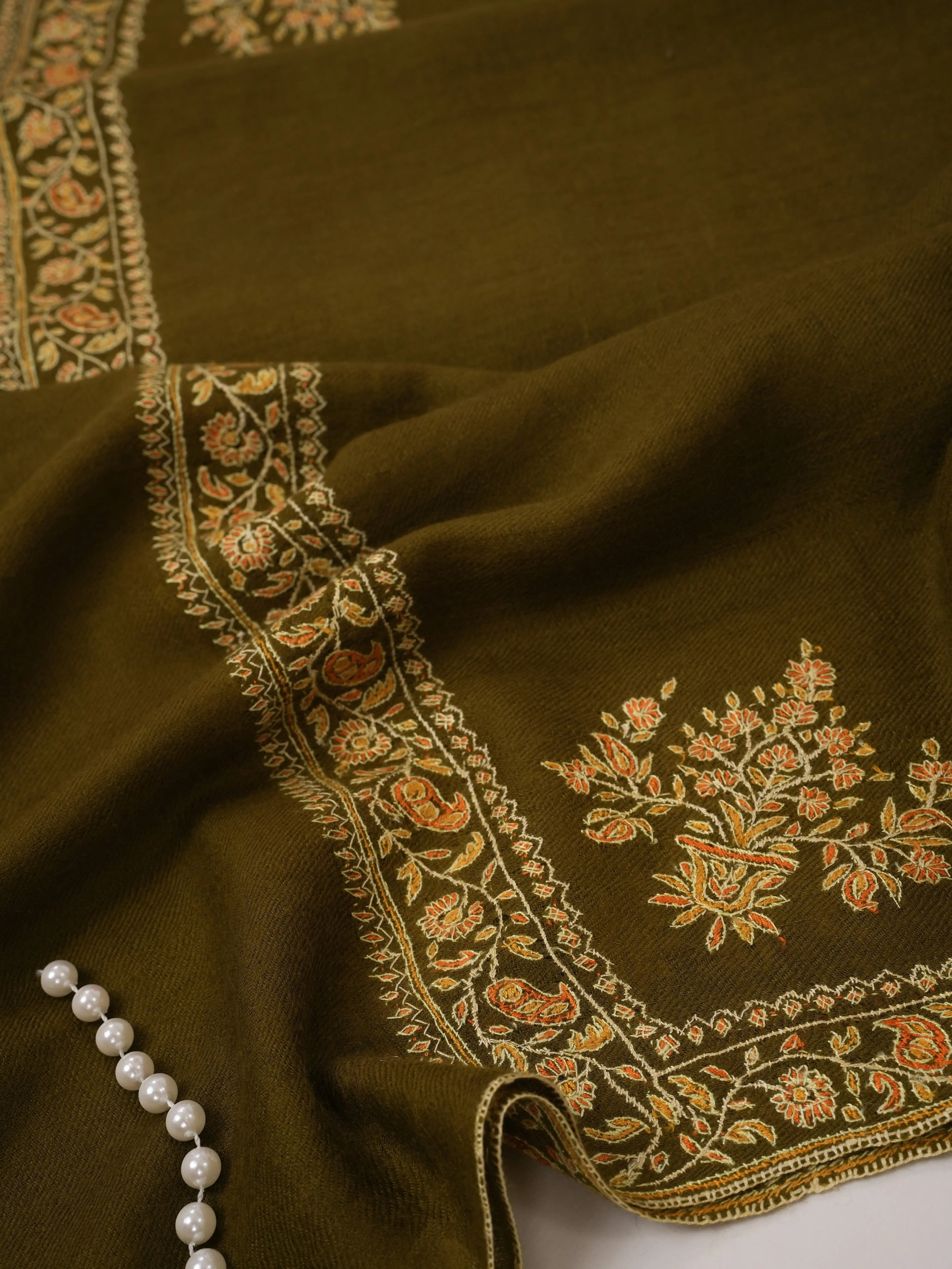 Olive Hashia Hand Embroidered Pure Pashmina Shawl Shahkaar.com