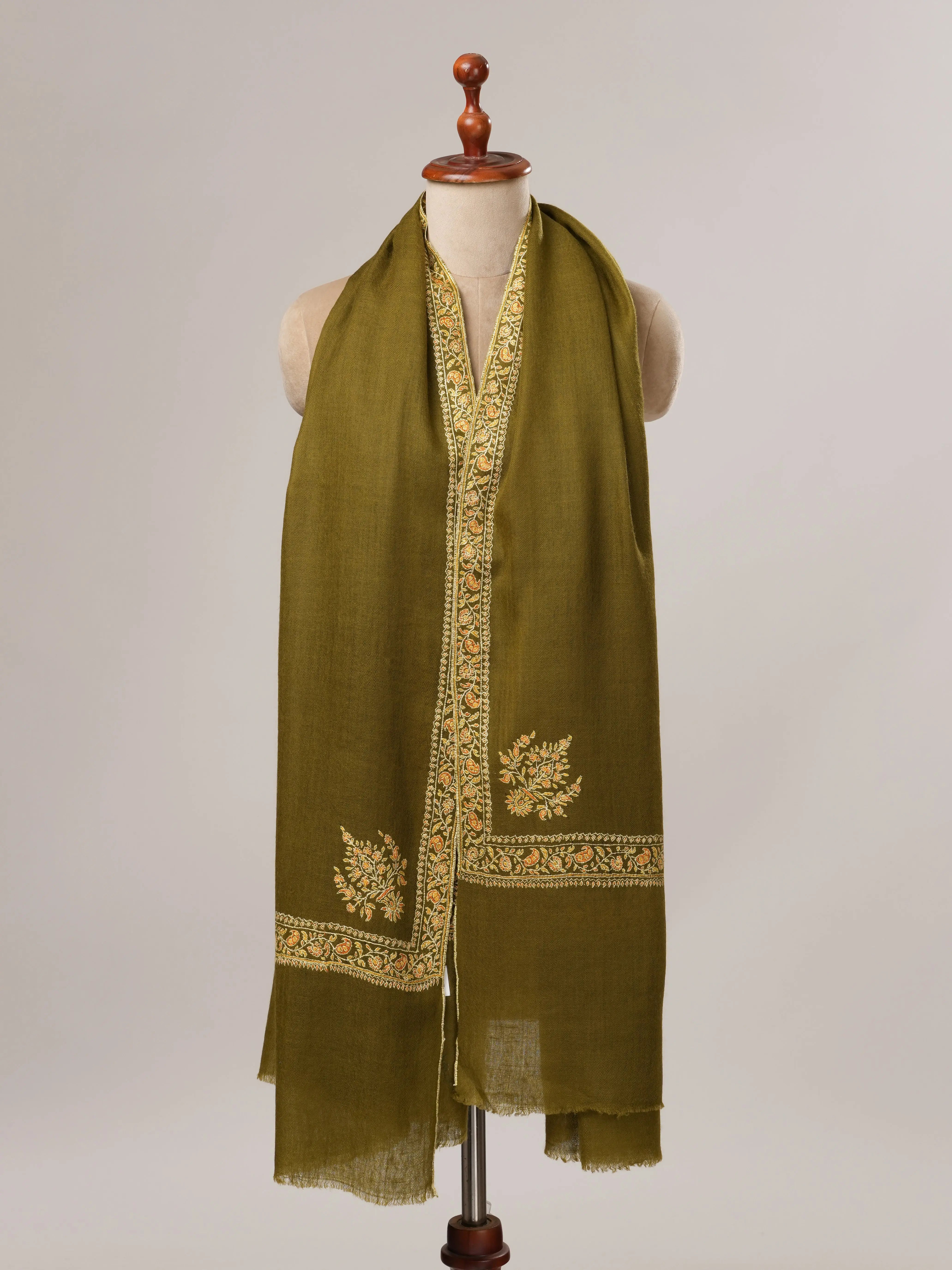 Olive Hashia Hand Embroidered Pure Pashmina Shawl Shahkaar.com