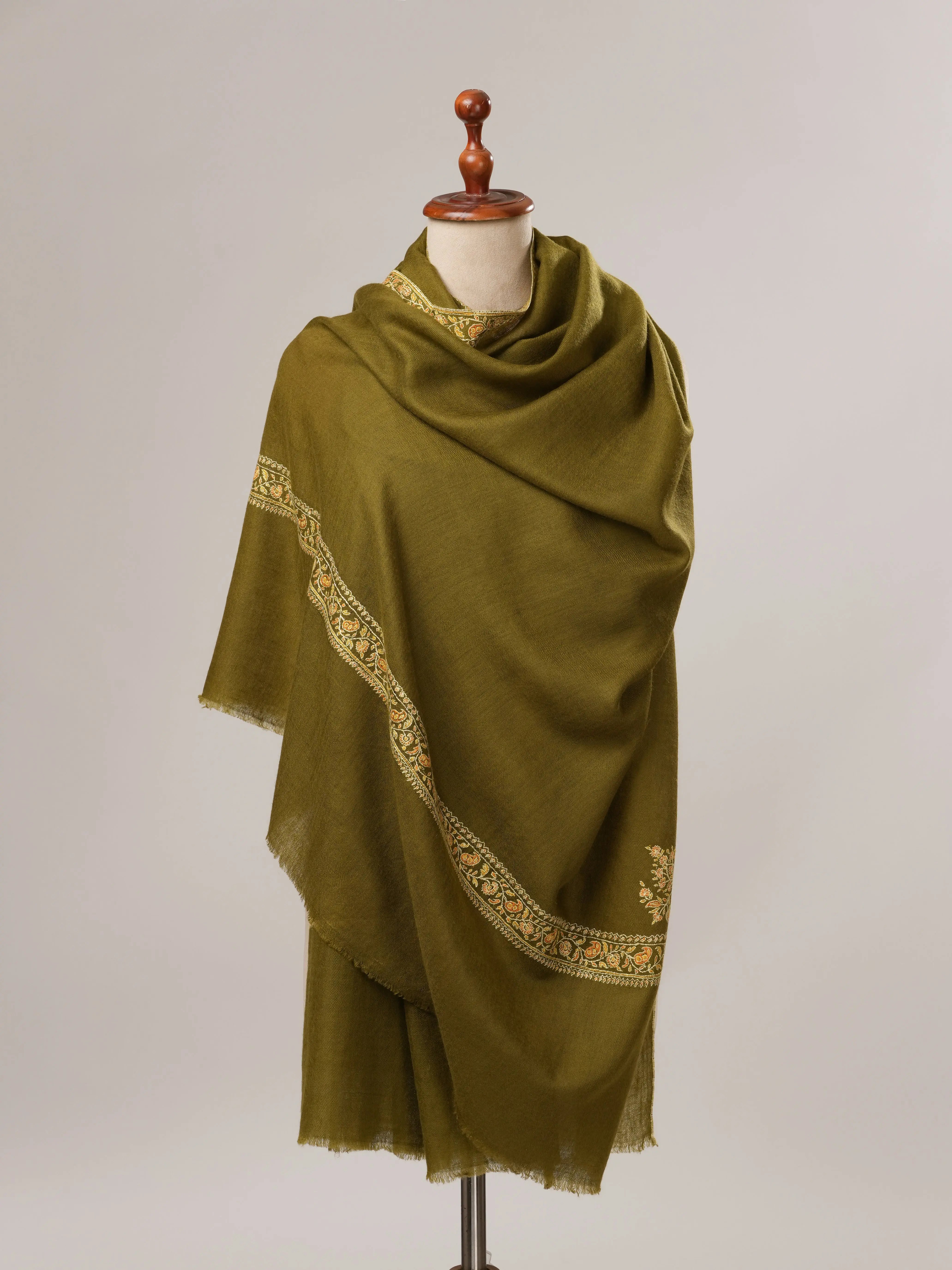 Olive Hashia Hand Embroidered Pure Pashmina Shawl Shahkaar.com