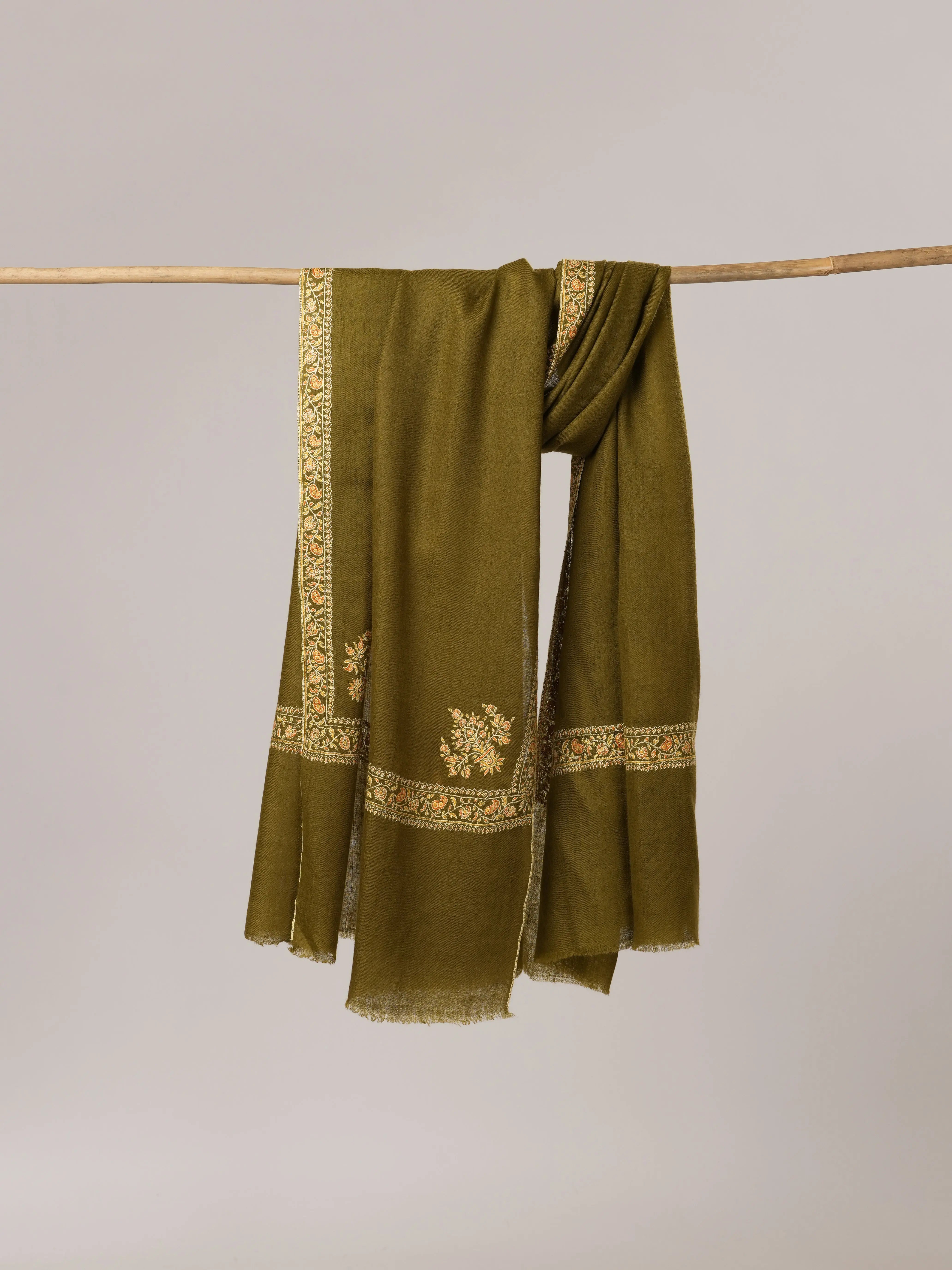 Olive Hashia Hand Embroidered Pure Pashmina Shawl Shahkaar.com