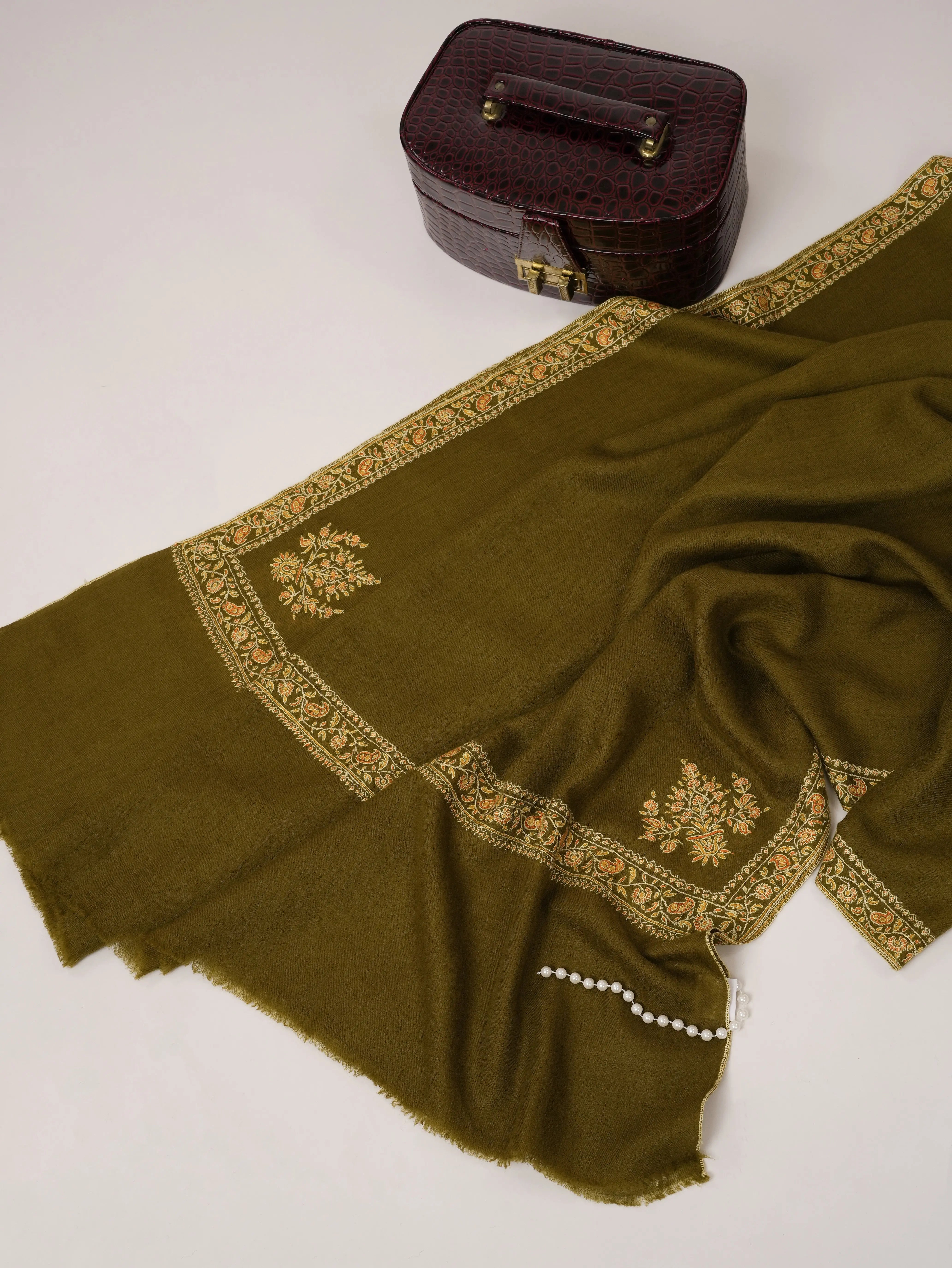 Olive Hashia Hand Embroidered Pure Pashmina Shawl Shahkaar.com