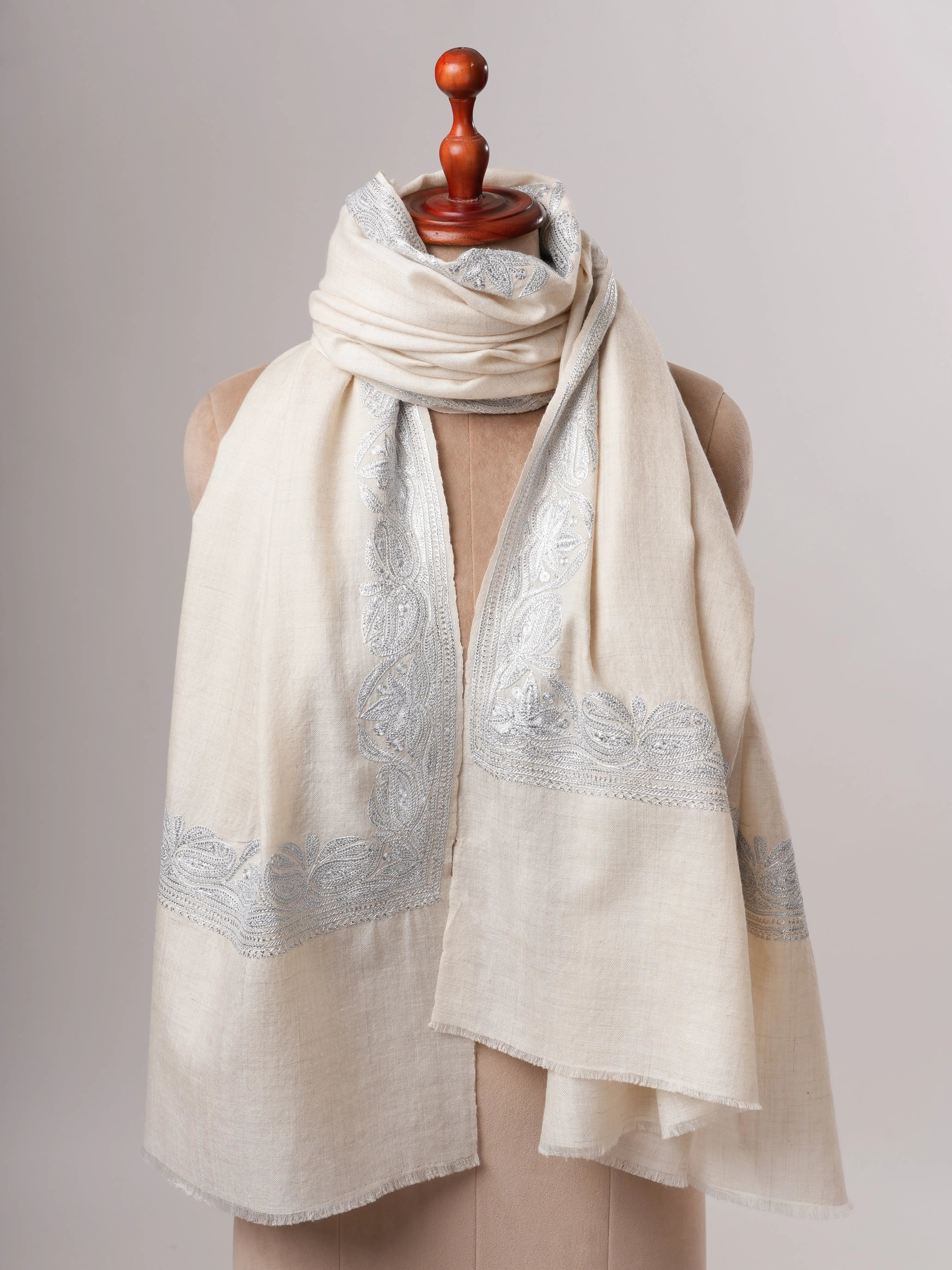 Handwoven White Pashmina with Traditional Silver Tilla Embroidery Shahkaar