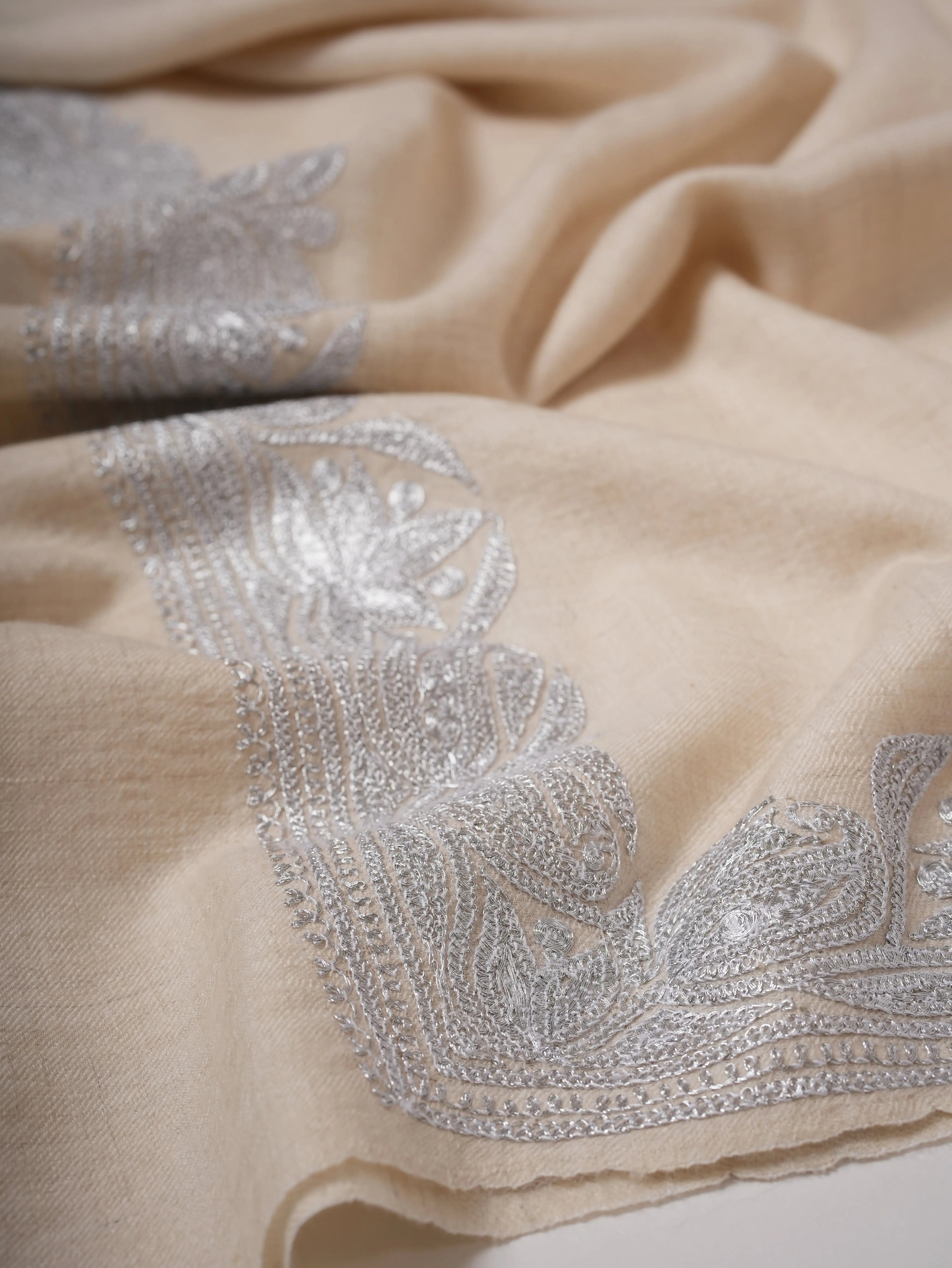 Handwoven White Pashmina with Traditional Silver Tilla Embroidery Shahkaar