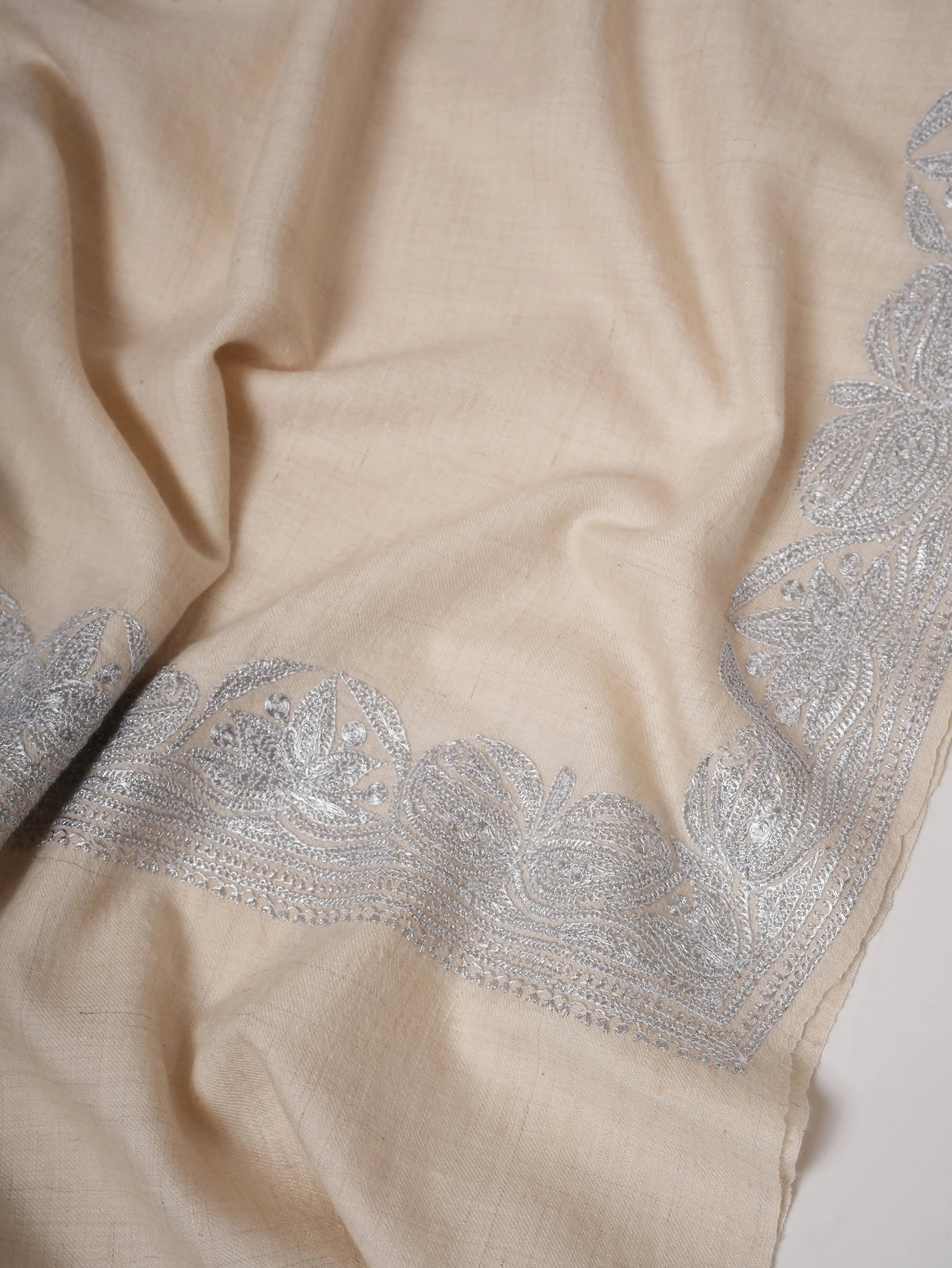 Handwoven White Pashmina with Traditional Silver Tilla Embroidery Shahkaar