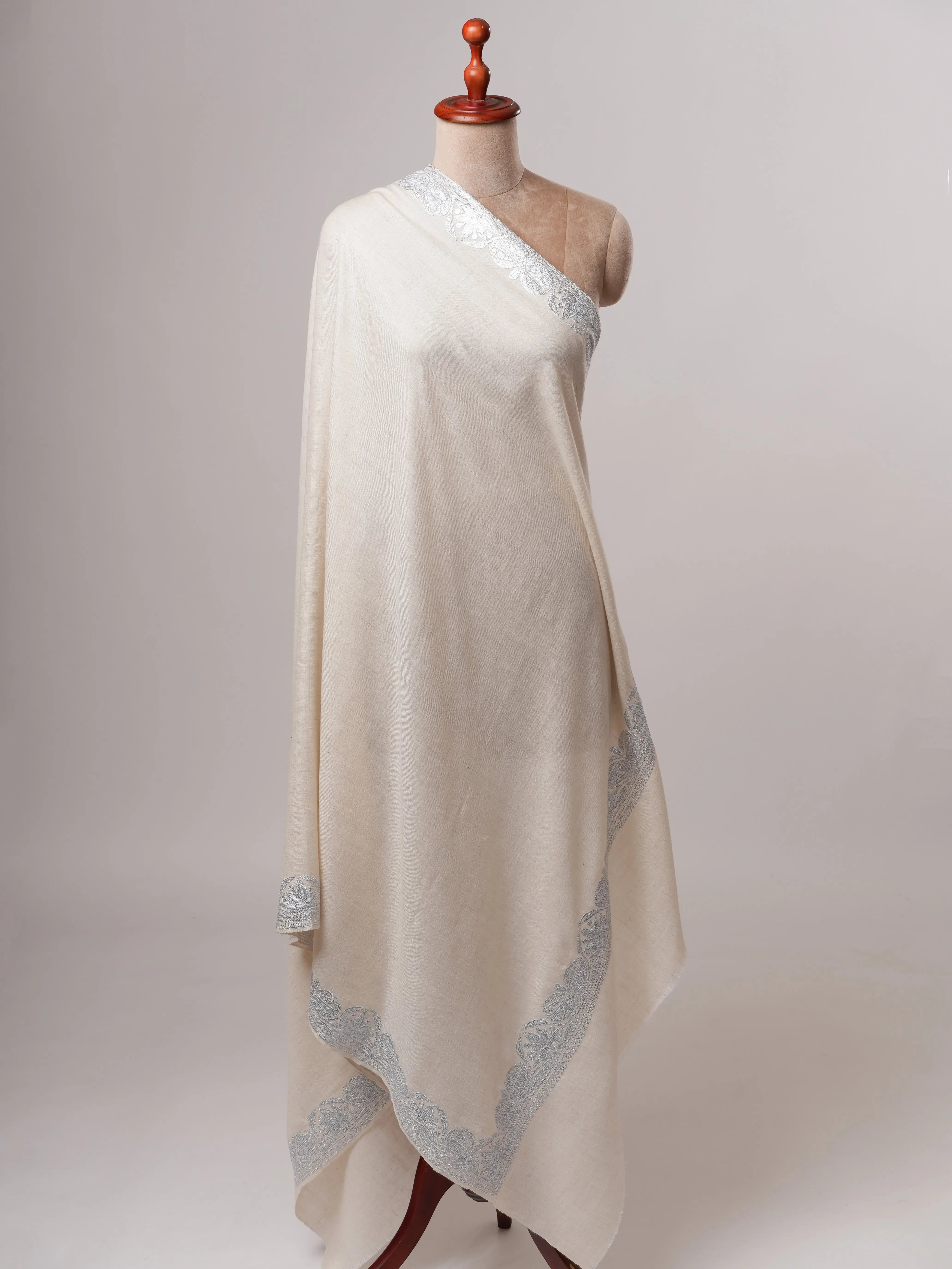 Handwoven White Pashmina with Traditional Silver Tilla Embroidery Shahkaar
