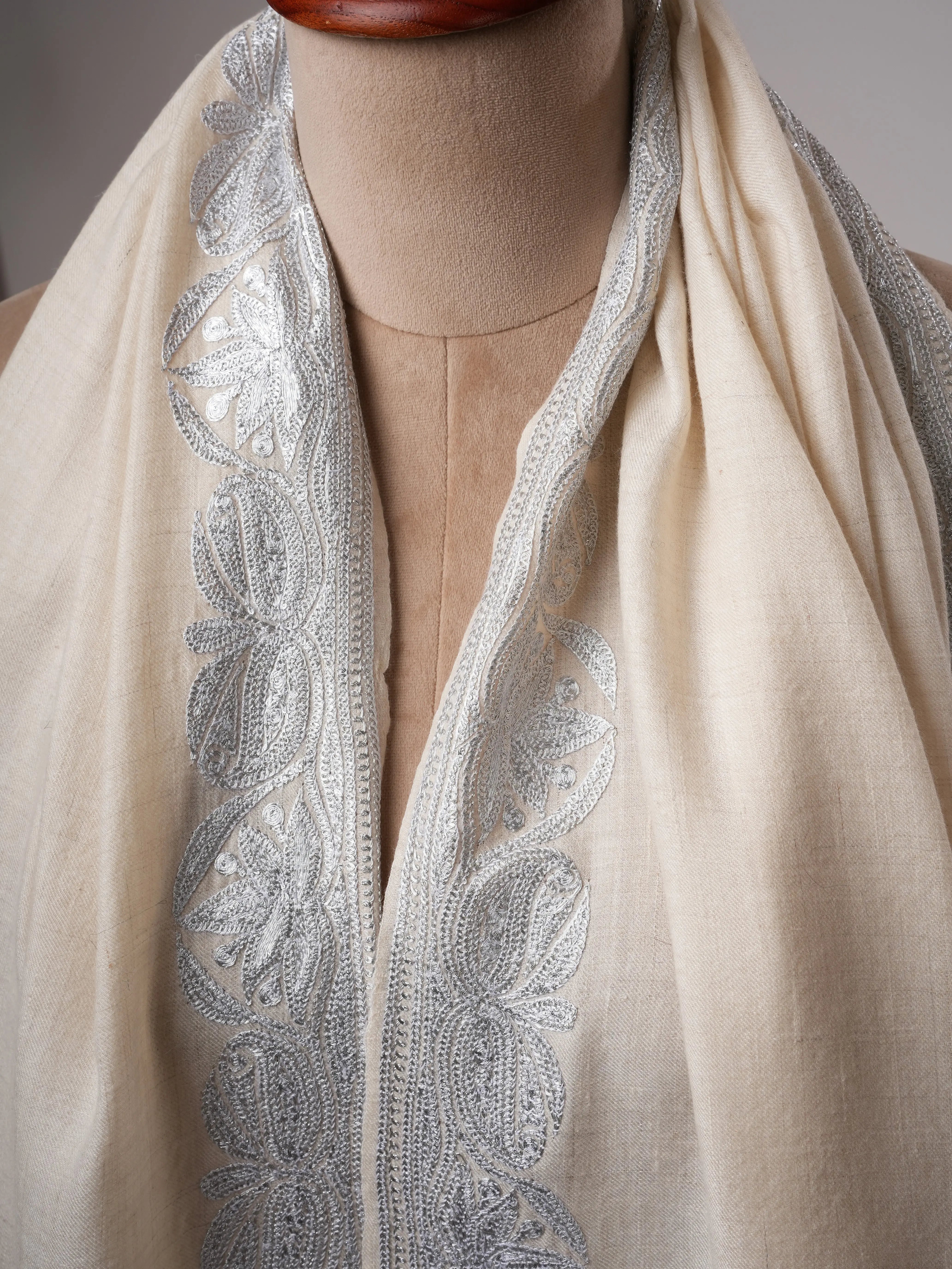 Handwoven White Pashmina with Traditional Silver Tilla Embroidery Shahkaar