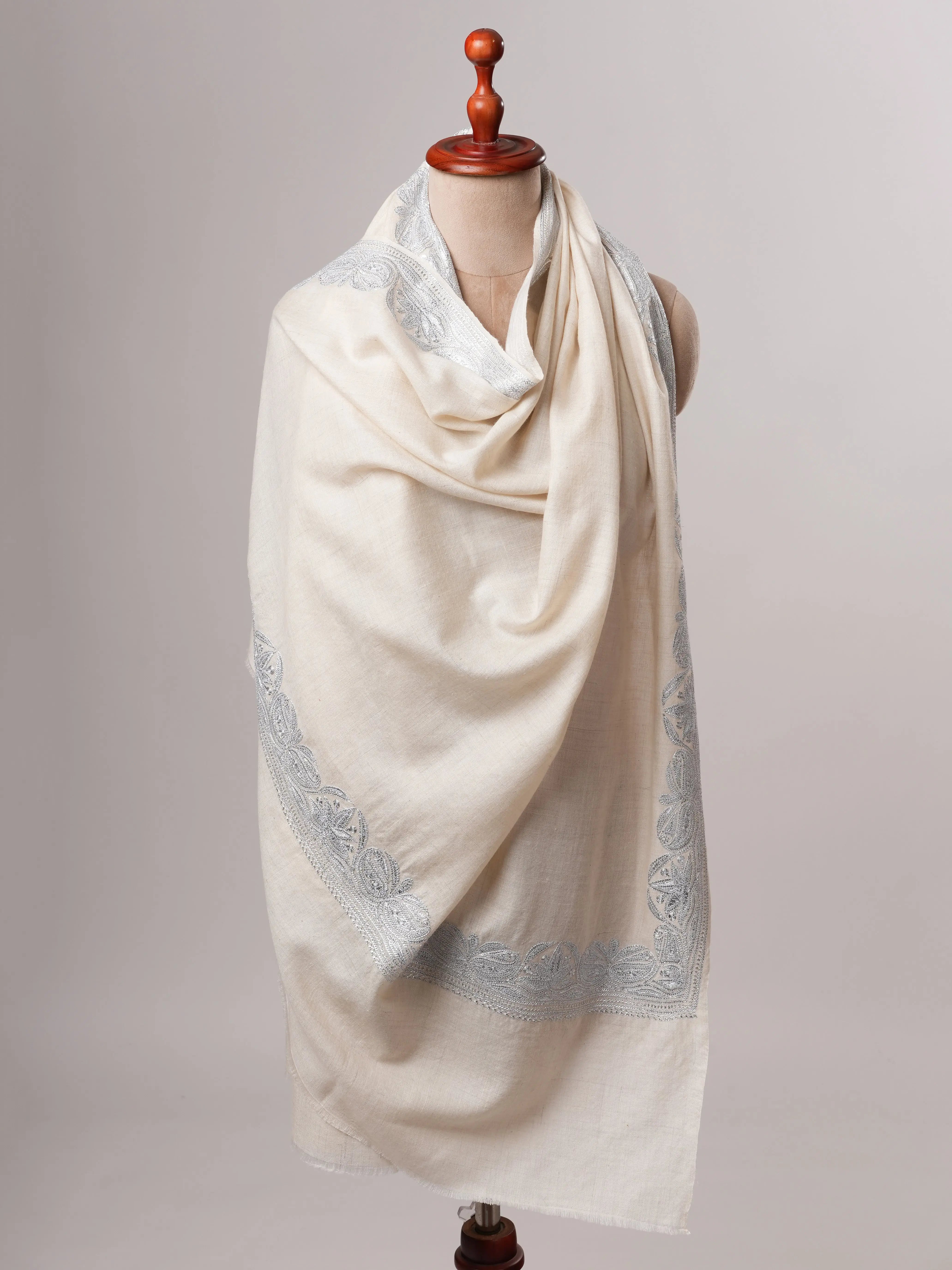 Handwoven White Pashmina with Traditional Silver Tilla Embroidery Shahkaar