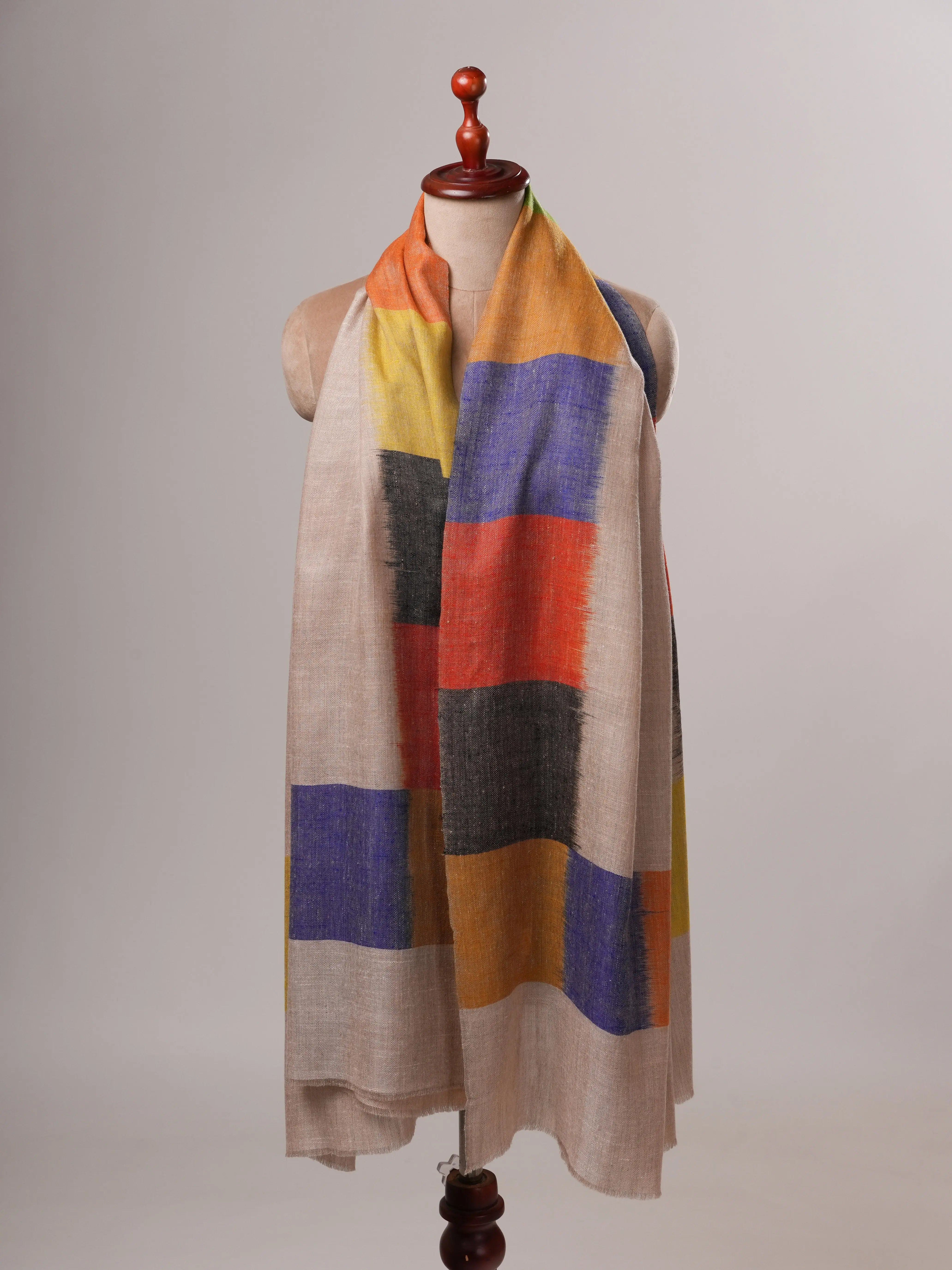 Ikat Handloomed Pashmina Shawl with Multicolor Border Detailing