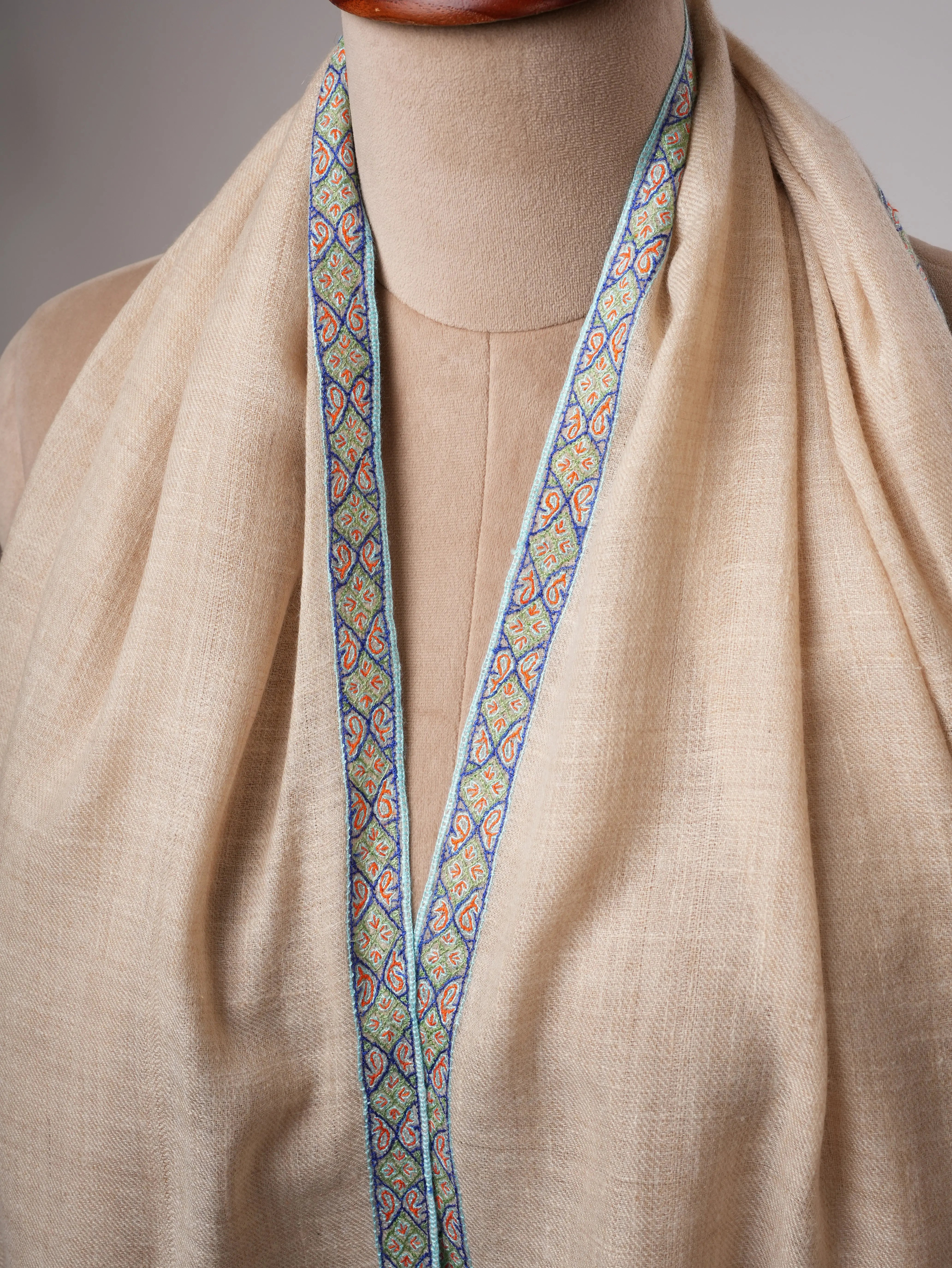 Soft Kashmiri Cashmere Scarf Featuring Hashia Embroidered Motifs Shahkaar