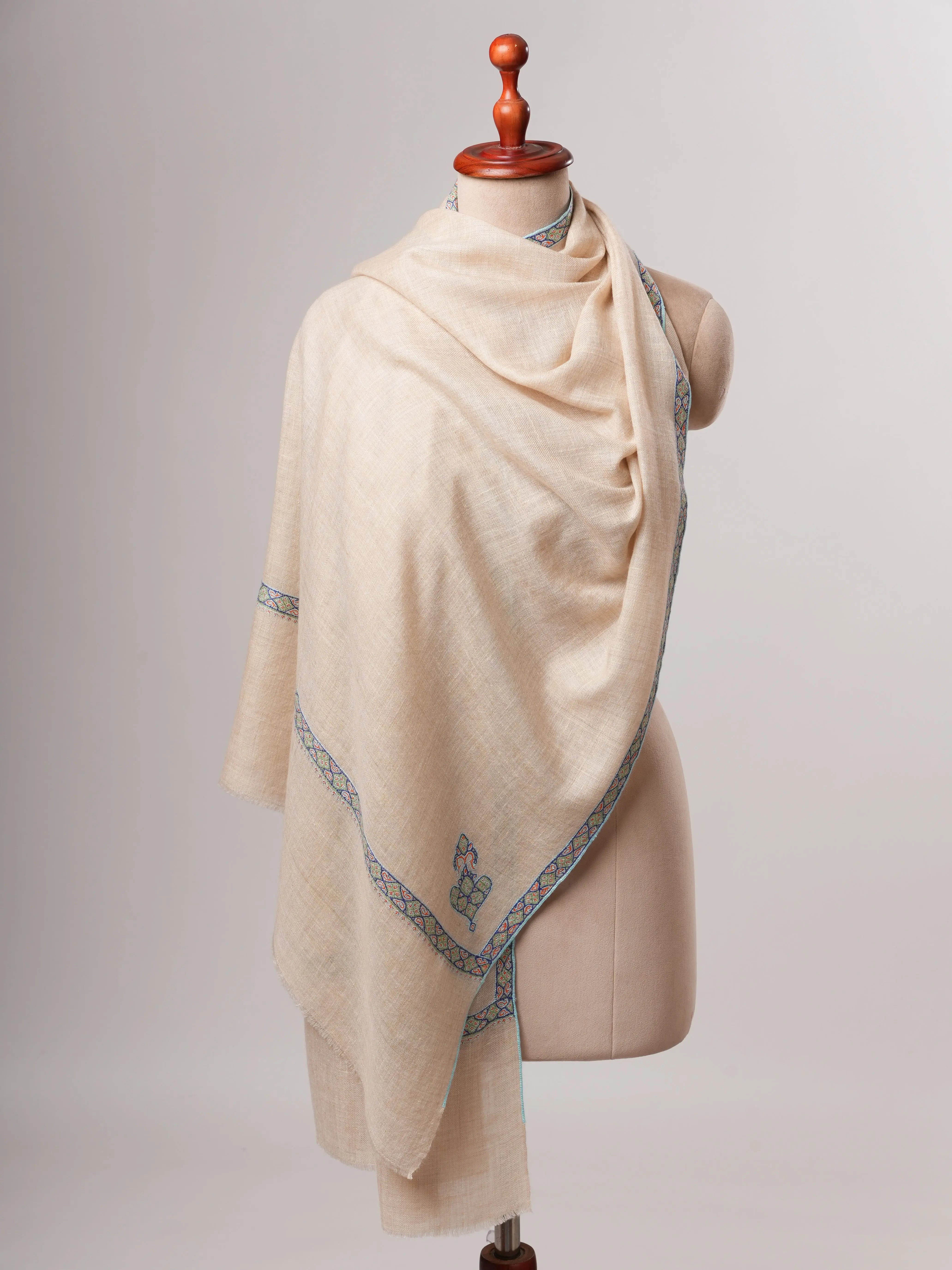 Soft Kashmiri Cashmere Scarf Featuring Hashia Embroidered Motifs Shahkaar