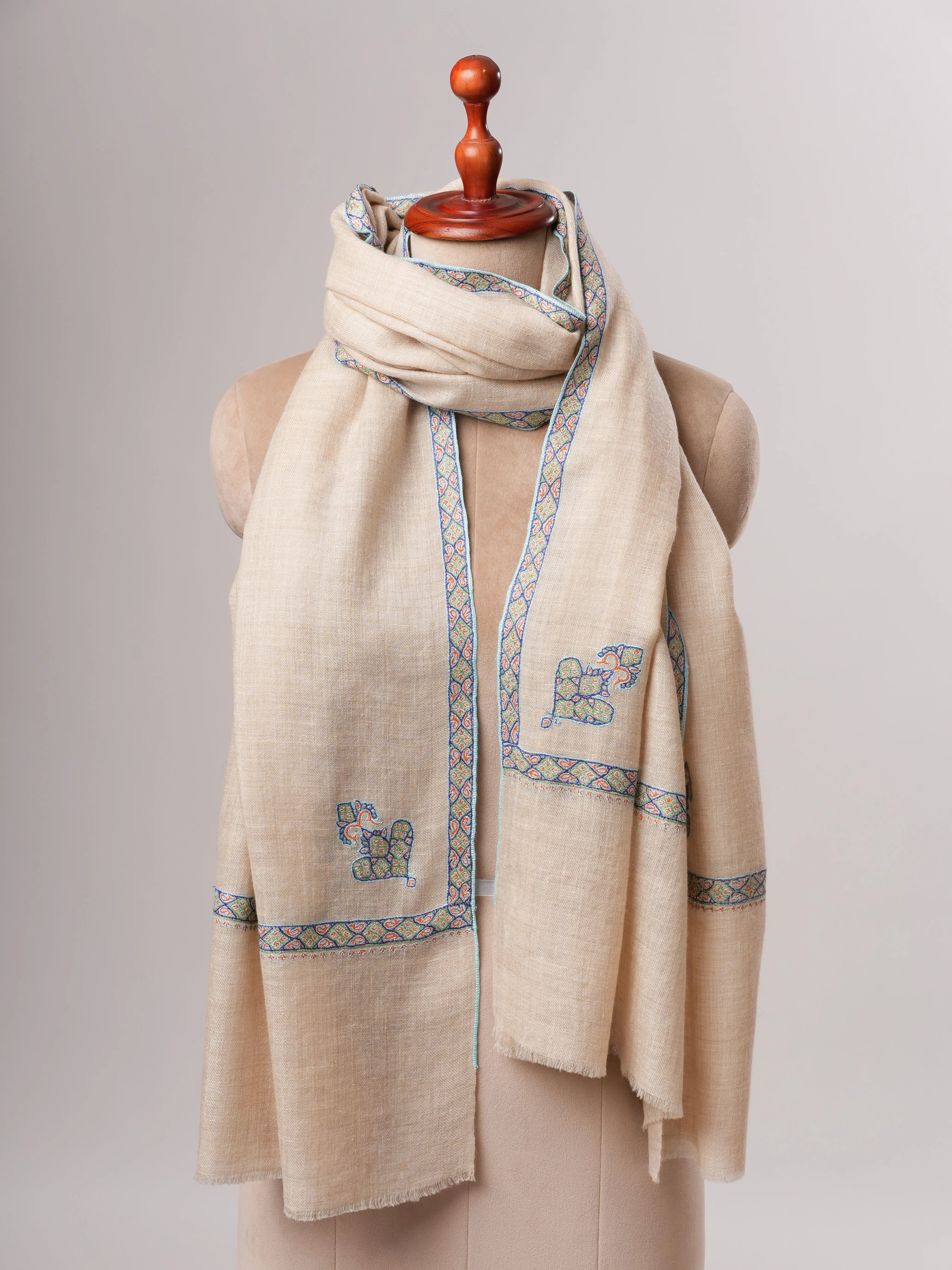 Soft Kashmiri Cashmere Scarf Featuring Hashia Embroidered Motifs Shahkaar