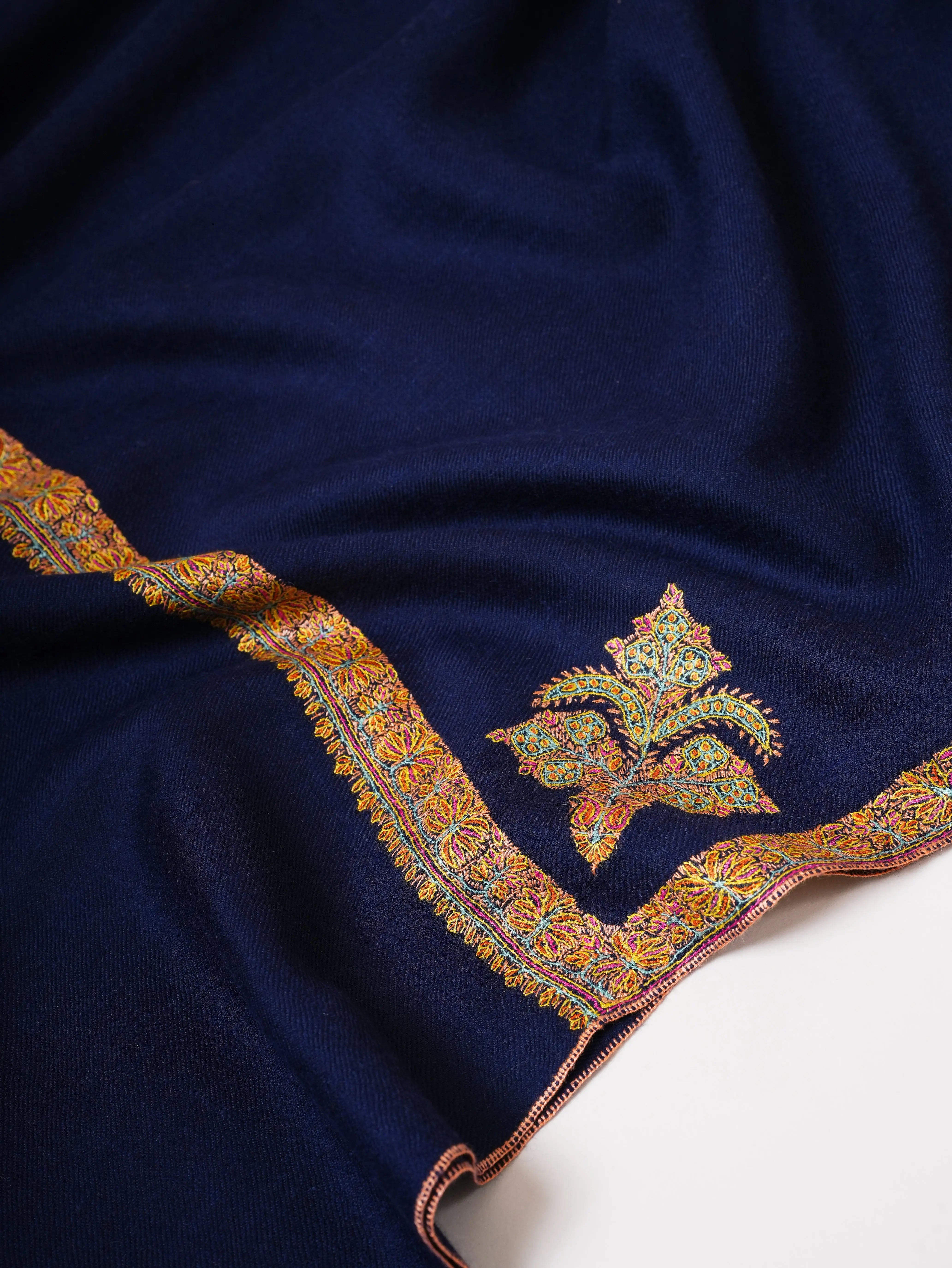 Navy Blue Pashmina Shawl with Traditional Hashia Hand Embroidery Shahkaar