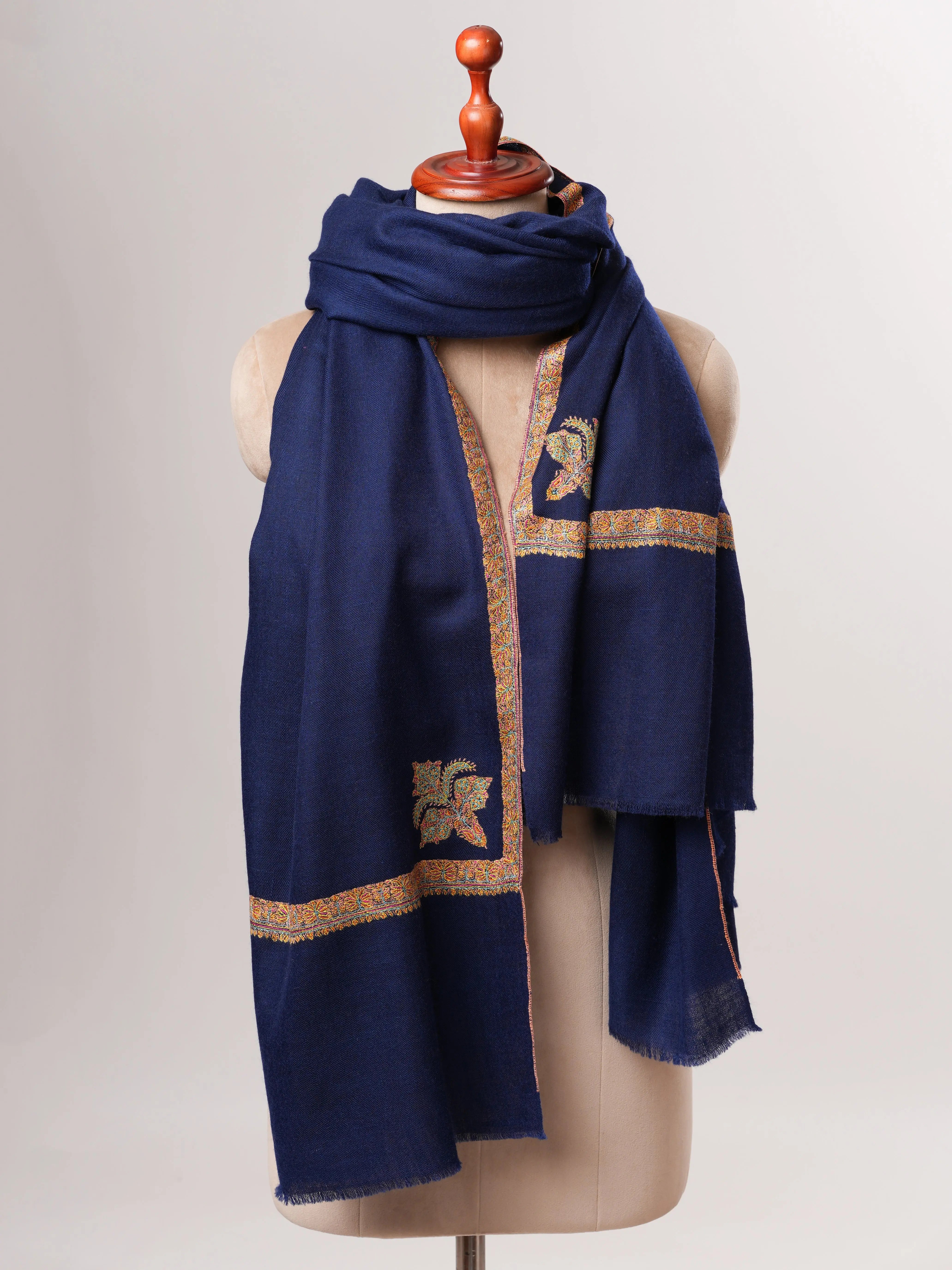 Navy Blue Pashmina Shawl with Traditional Hashia Hand Embroidery Shahkaar
