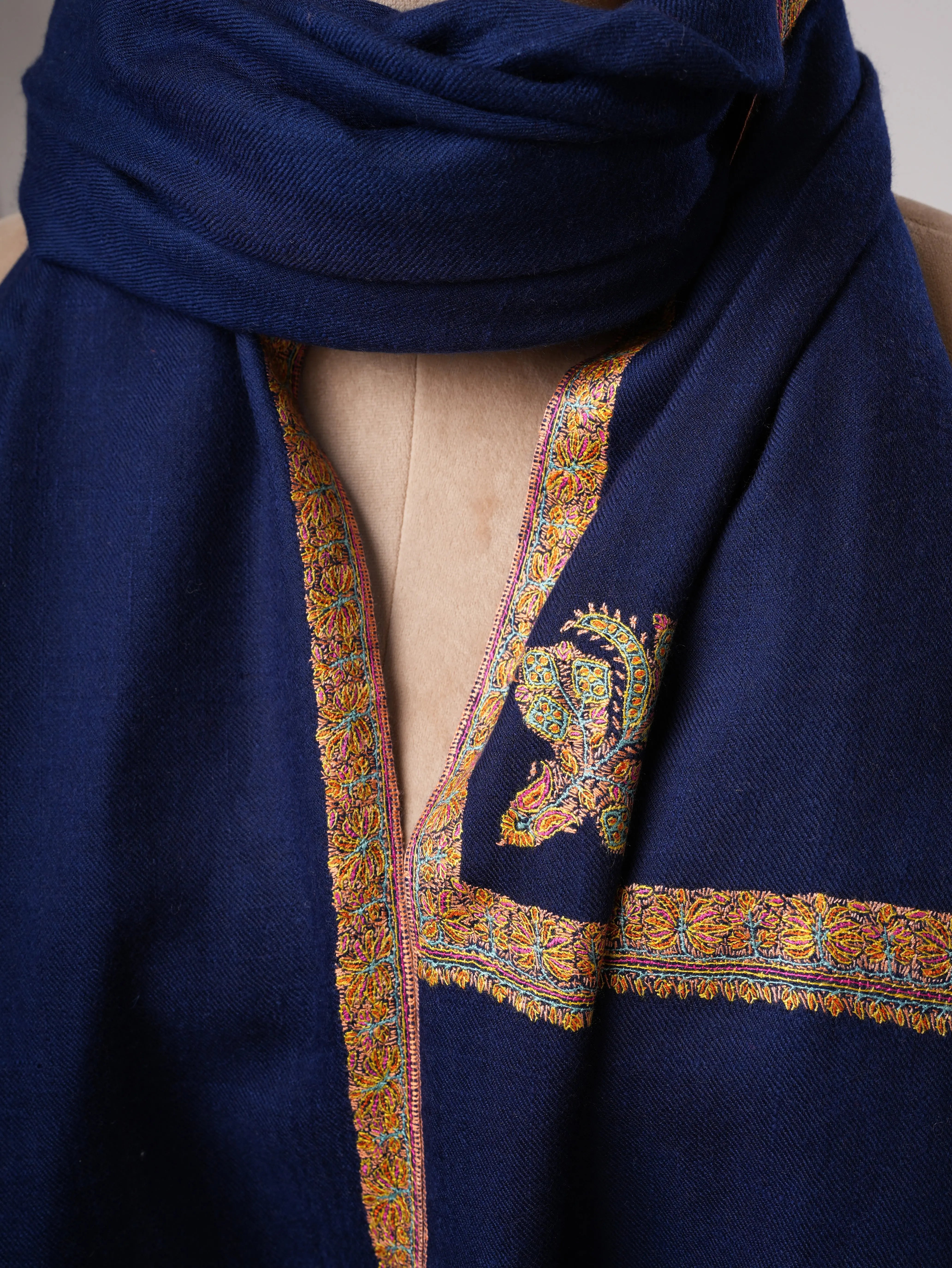 Navy Blue Pashmina Shawl with Traditional Hashia Hand Embroidery Shahkaar