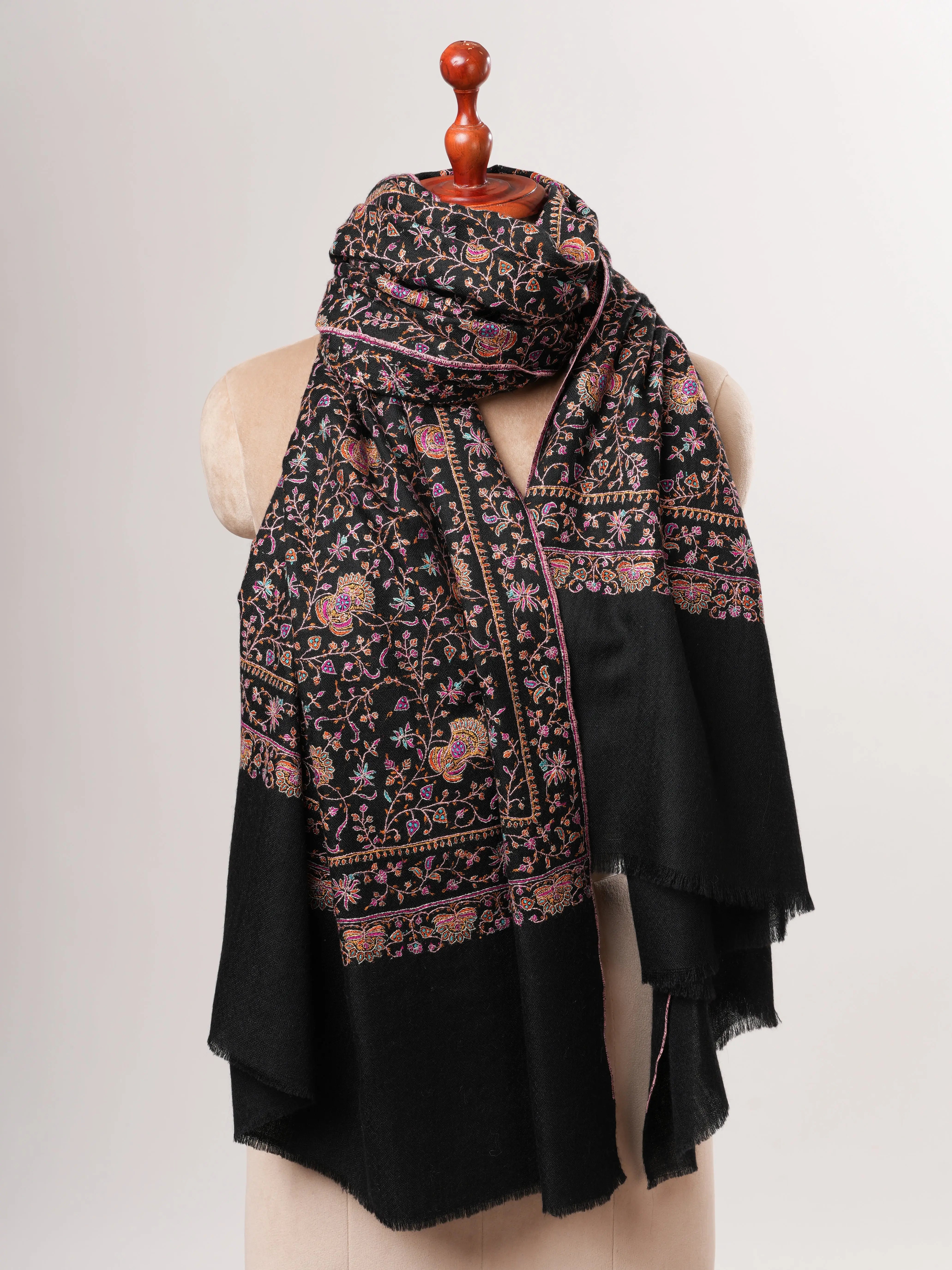 Black Pure Pashmina Shawl with Classic Jali Embroidery Shahkaar