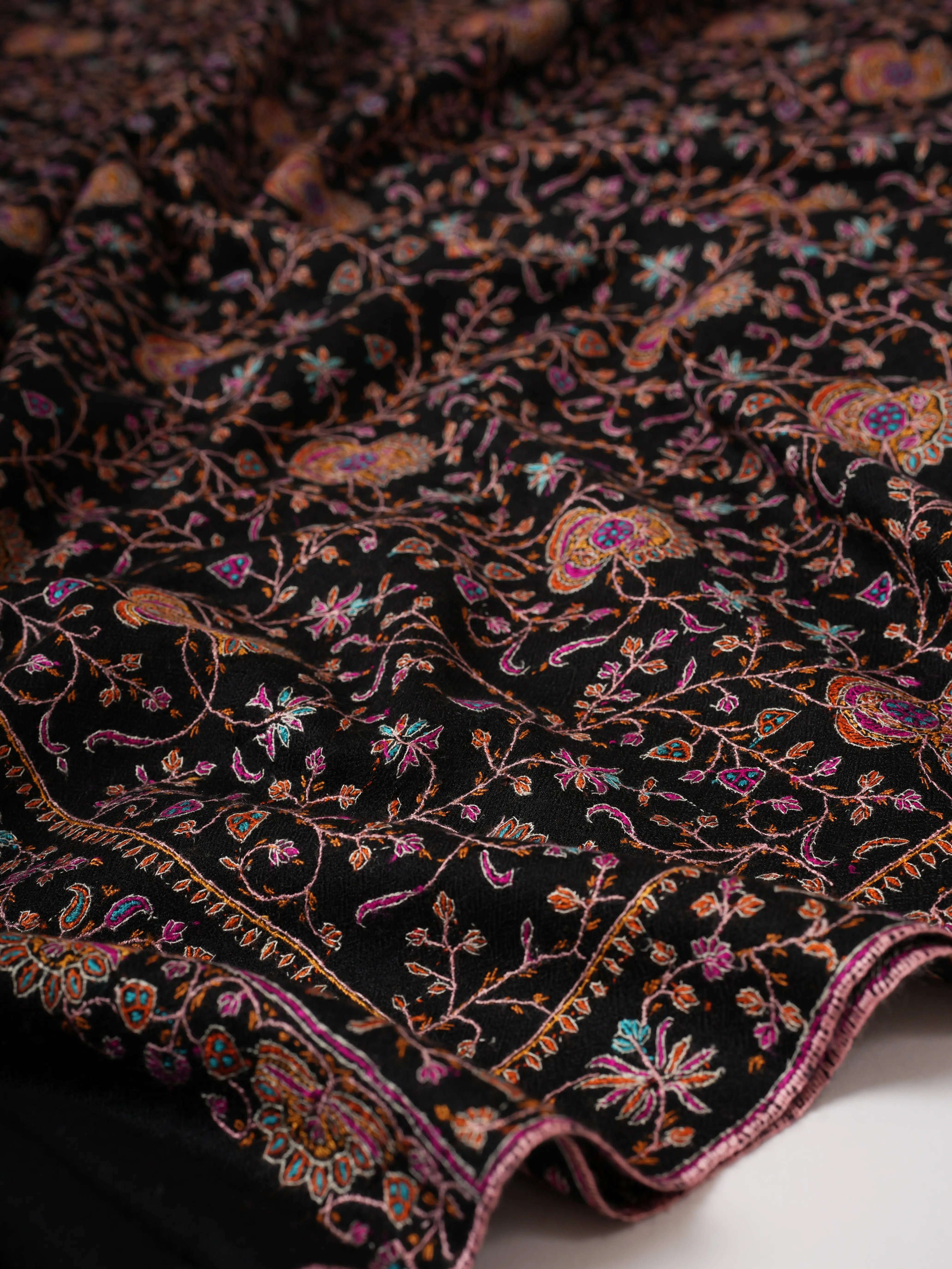 Black Pure Pashmina Shawl with Classic Jali Embroidery Shahkaar