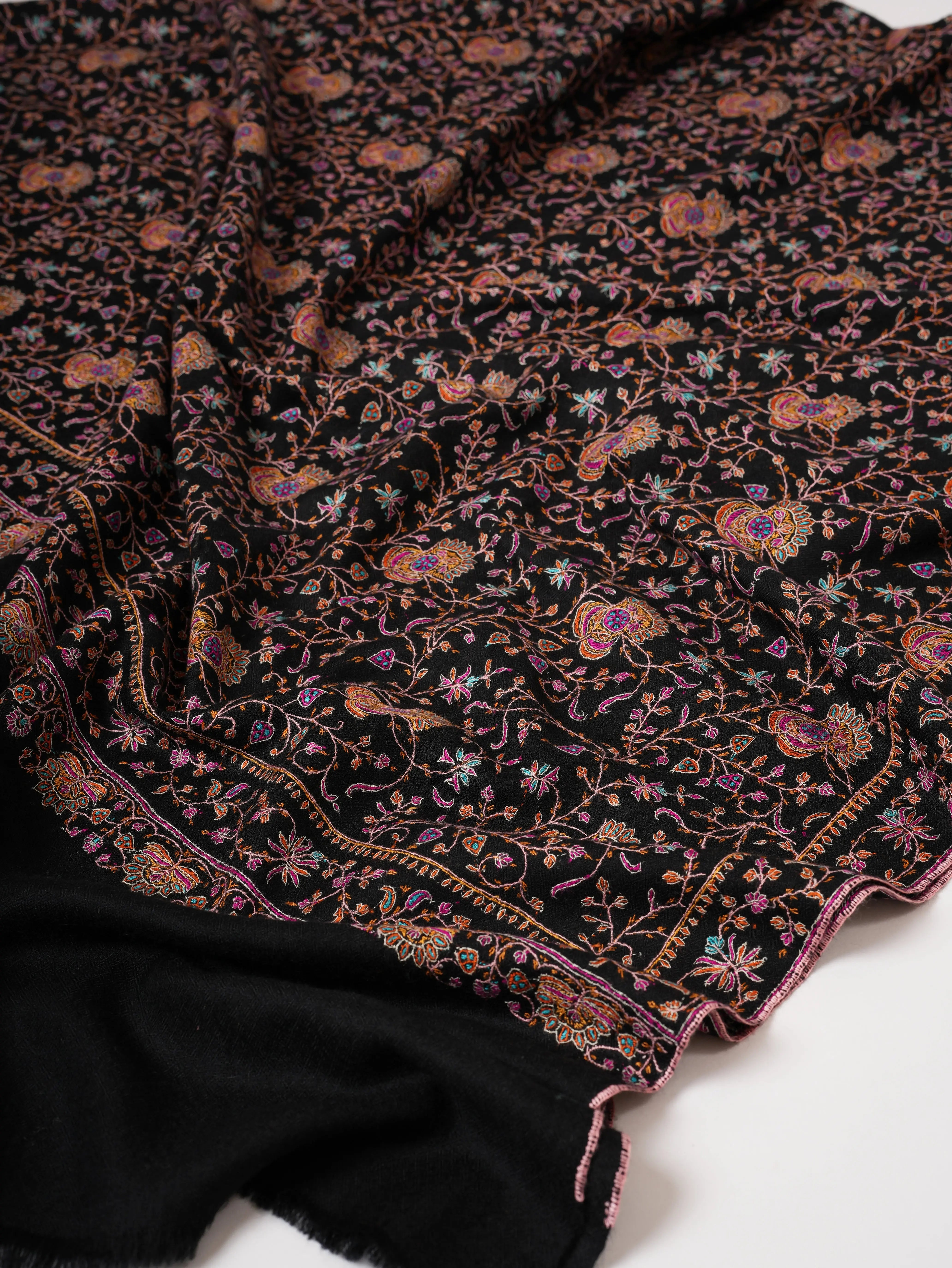 Black Pure Pashmina Shawl with Classic Jali Embroidery Shahkaar