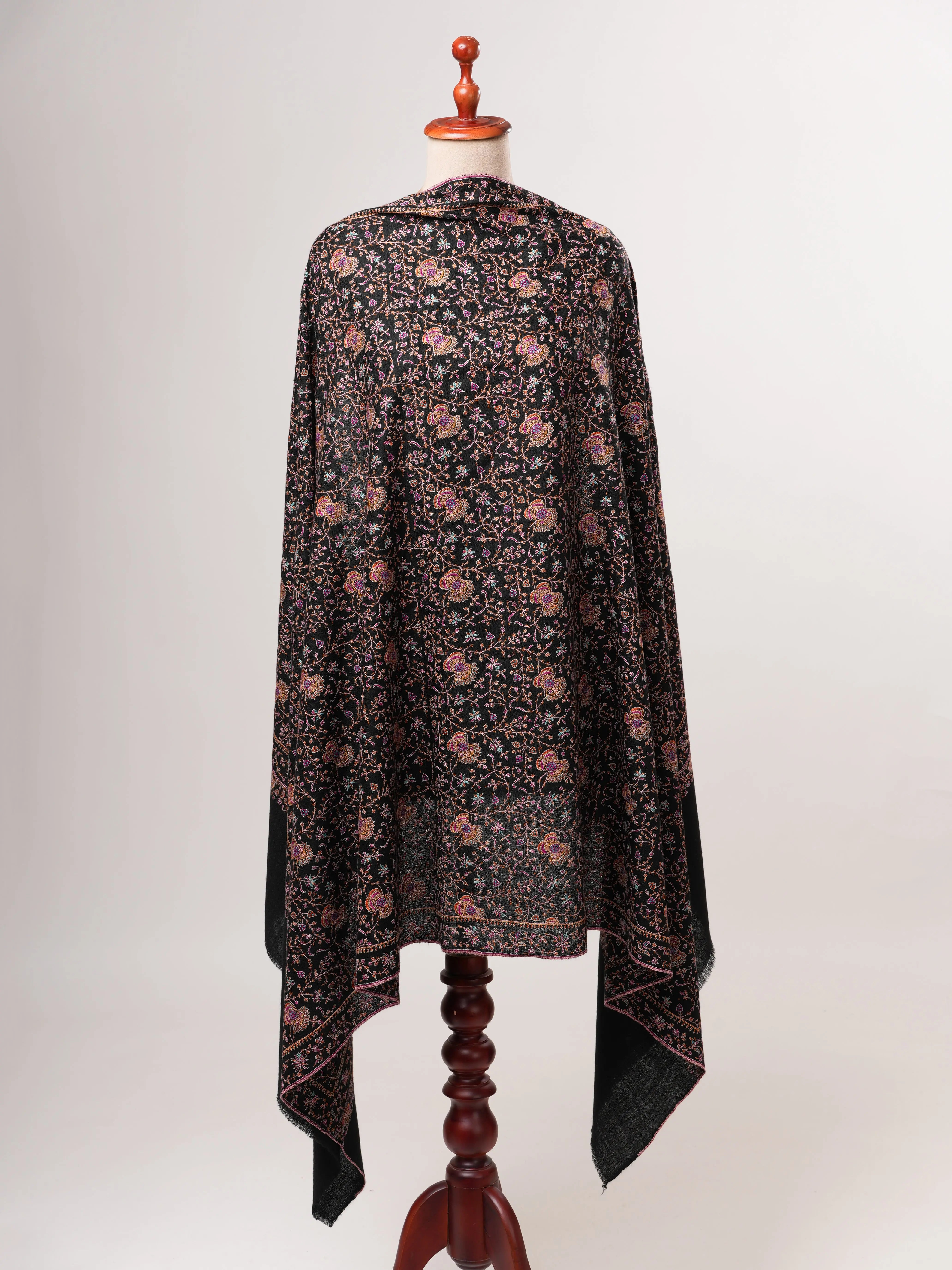 Black Pure Pashmina Shawl with Classic Jali Embroidery Shahkaar