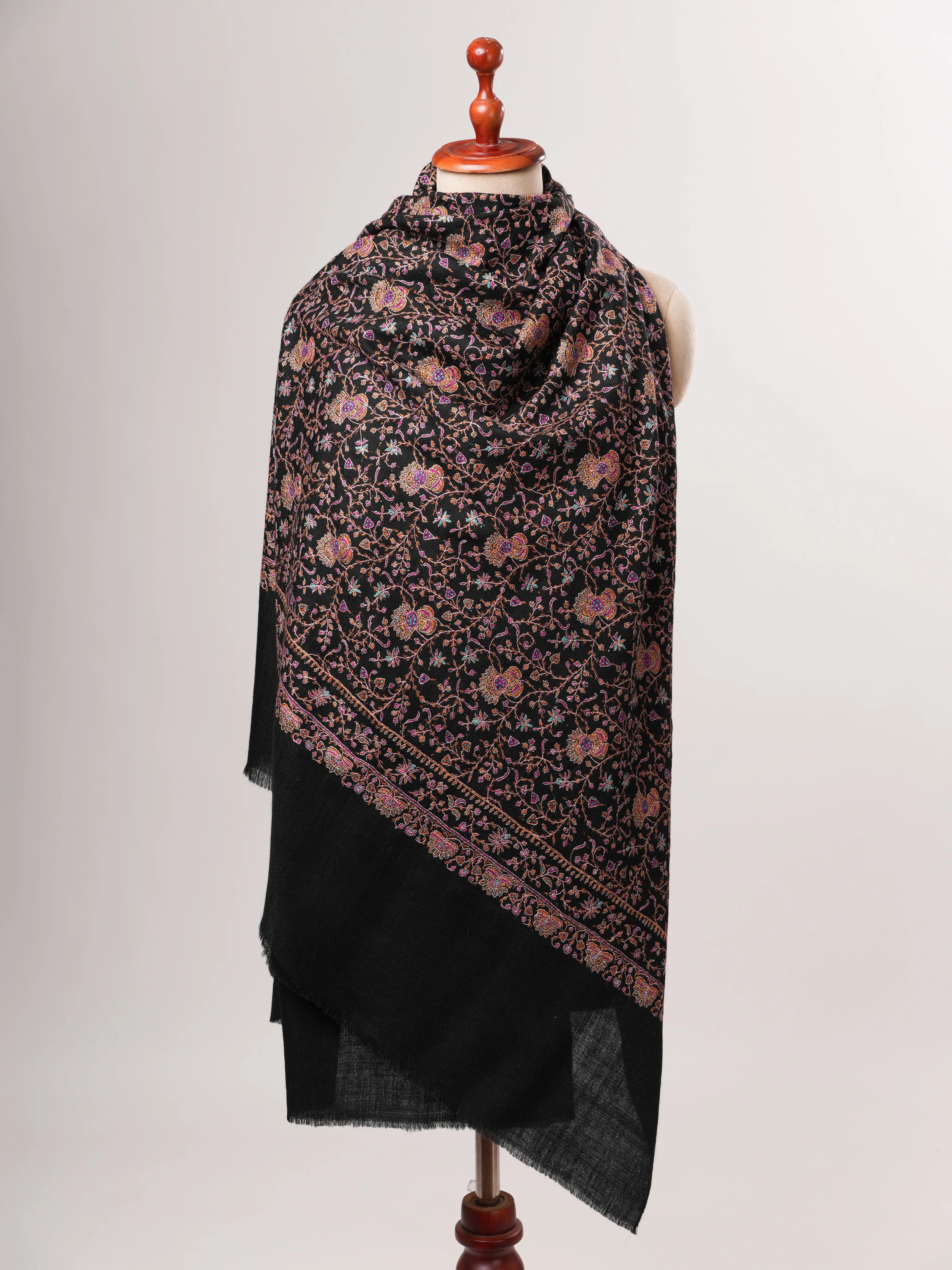 Black Pure Pashmina Shawl with Classic Jali Embroidery Shahkaar