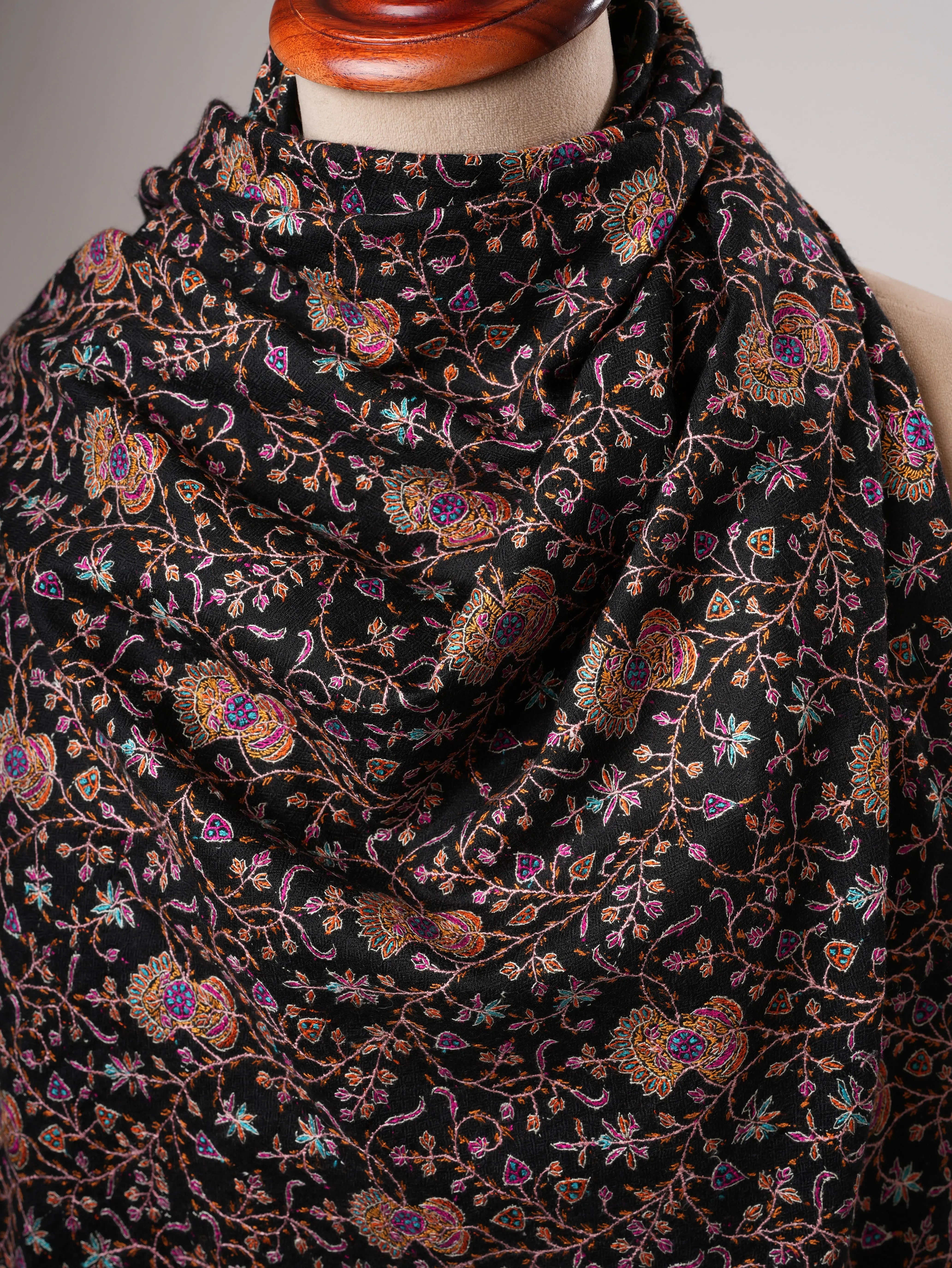 Black Pure Pashmina Shawl with Classic Jali Embroidery Shahkaar