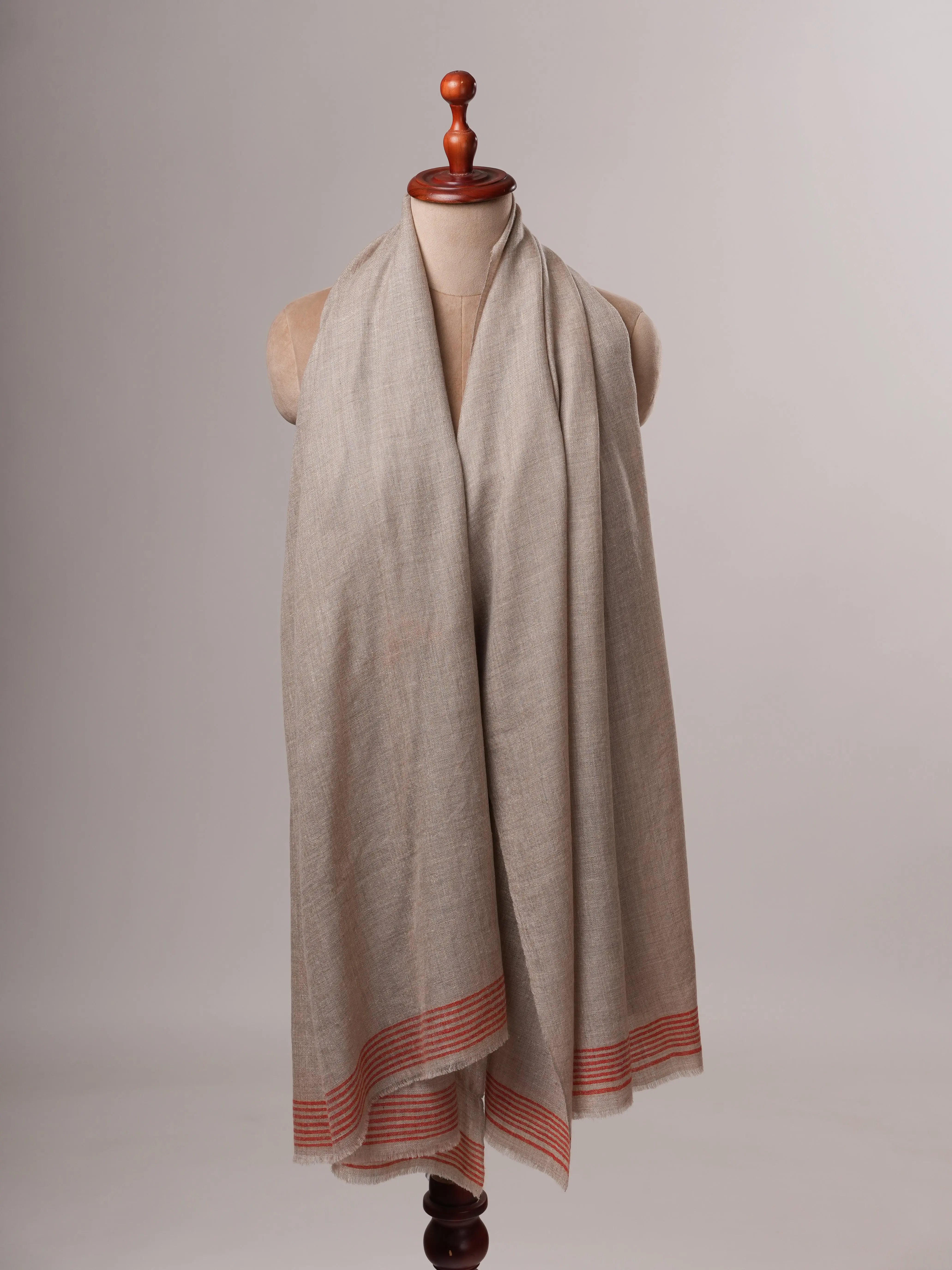 Handwoven Natural Grey Pashmina Shawl with Red Edges Shahkaar