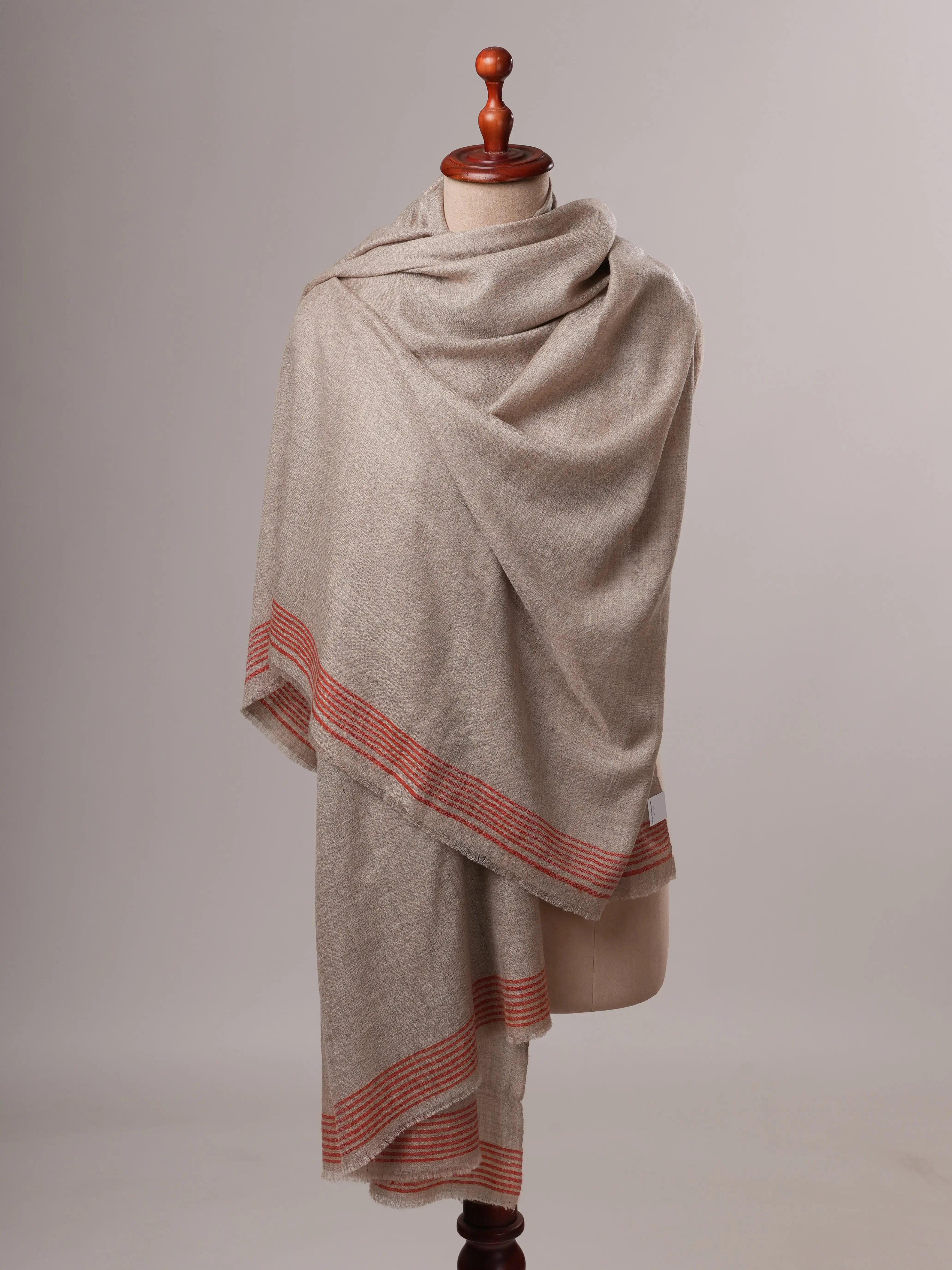 Handwoven Natural Grey Pashmina Shawl with Red Edges Shahkaar