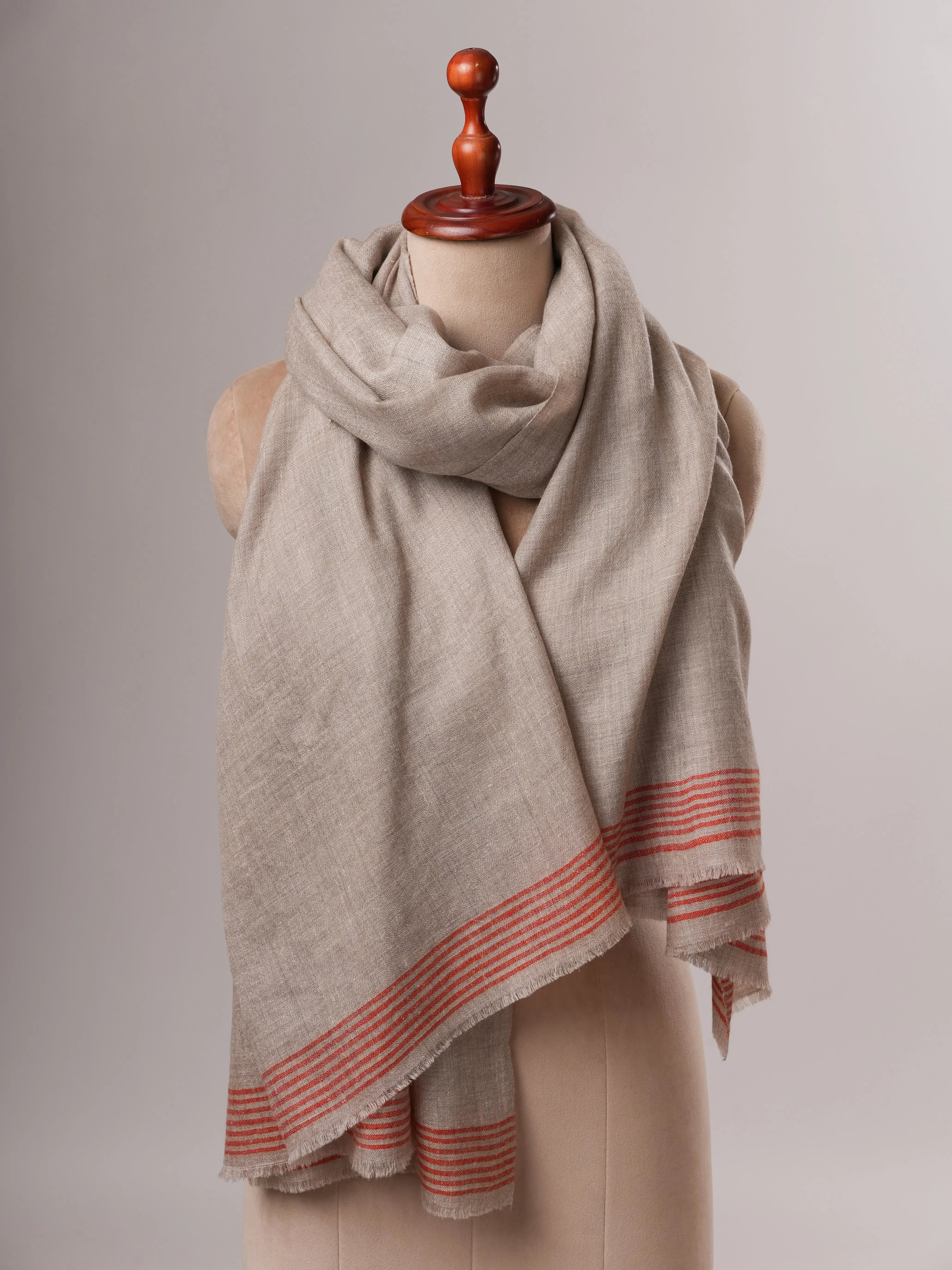 Handwoven Natural Grey Pashmina Shawl with Red Edges Shahkaar
