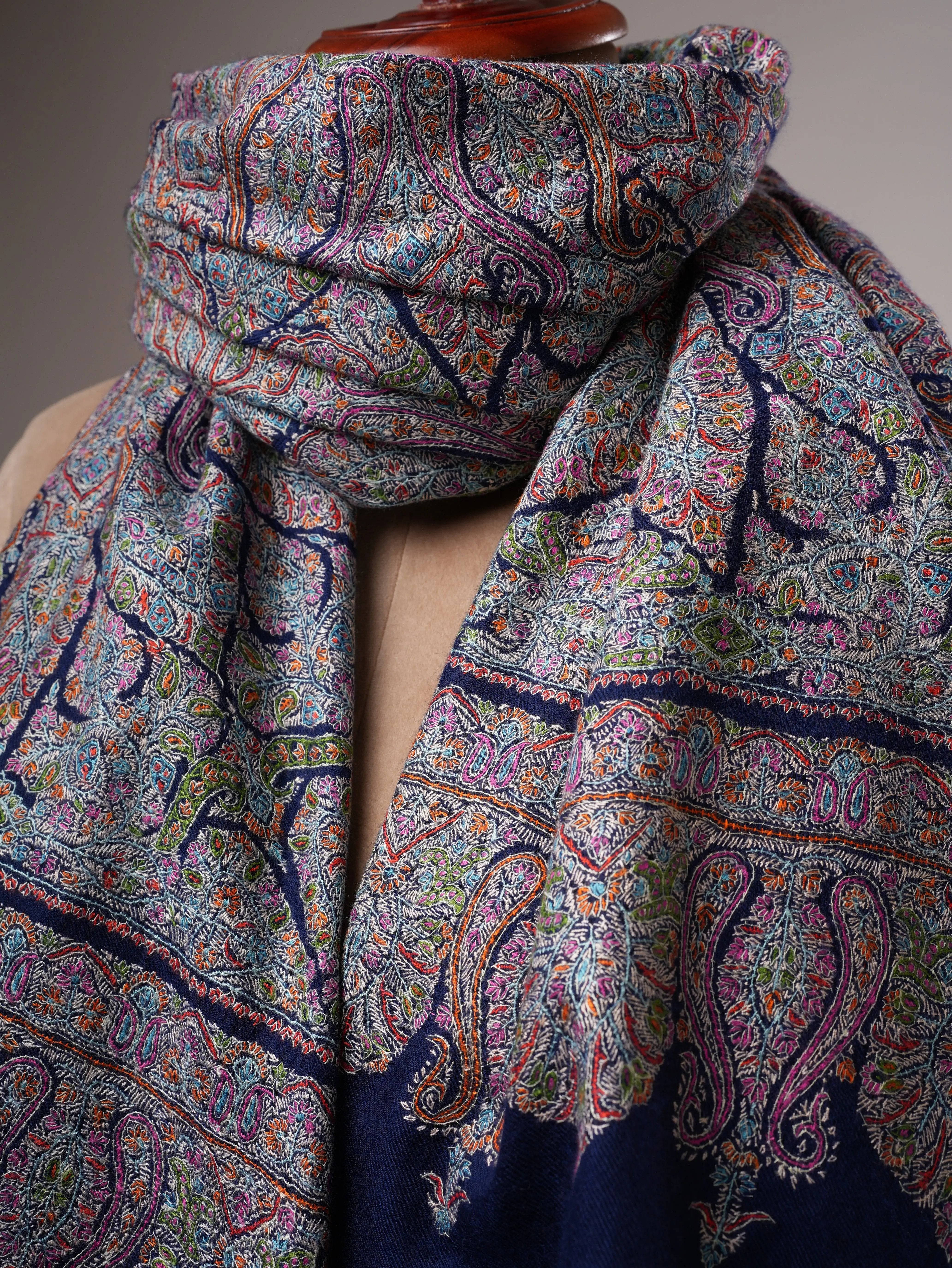 Hand Embroidered Navy Blue Jamavar Shawl with Tarukh Motif Shahkaar