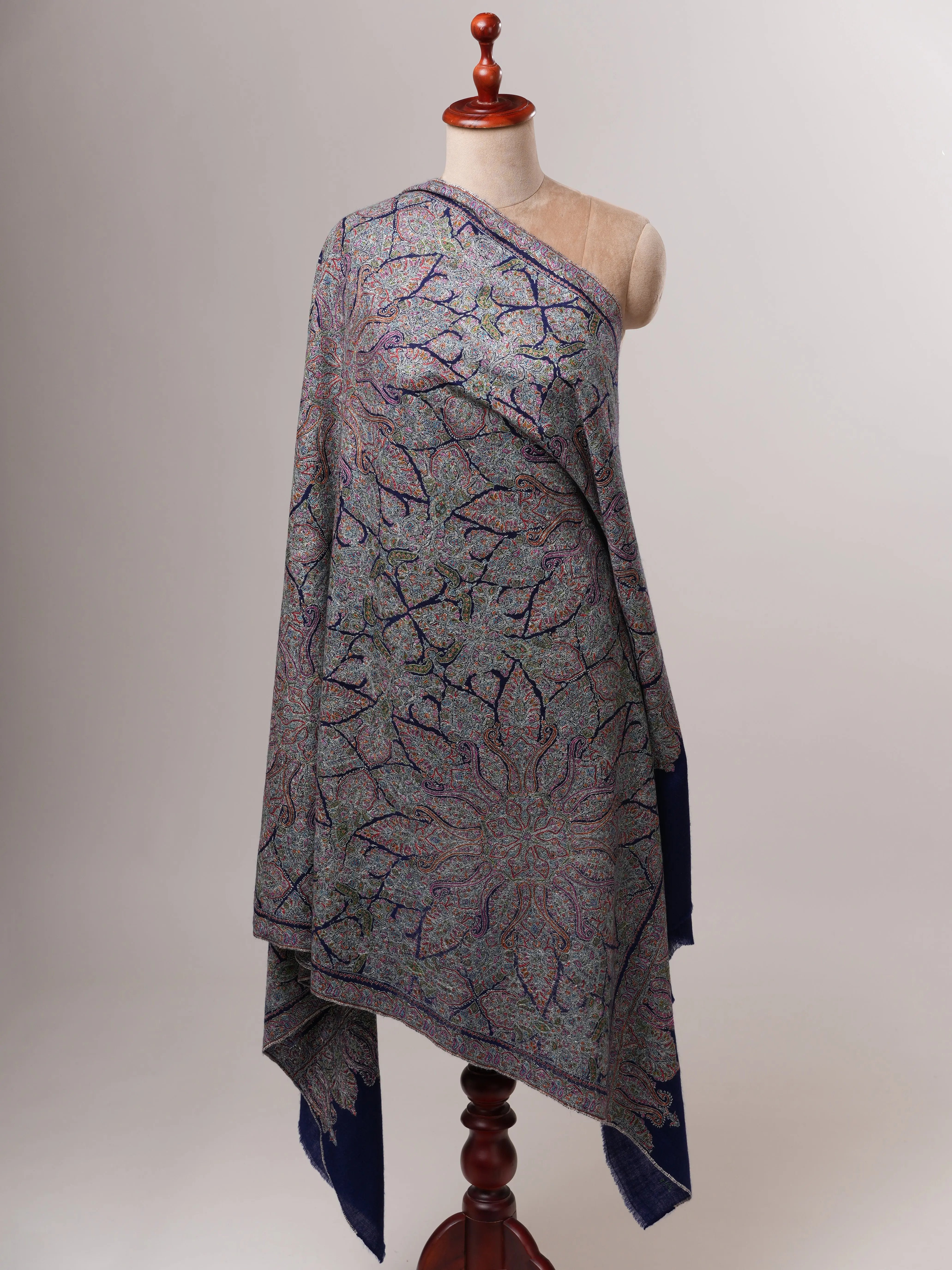 Hand Embroidered Navy Blue Jamavar Shawl with Tarukh Motif Shahkaar