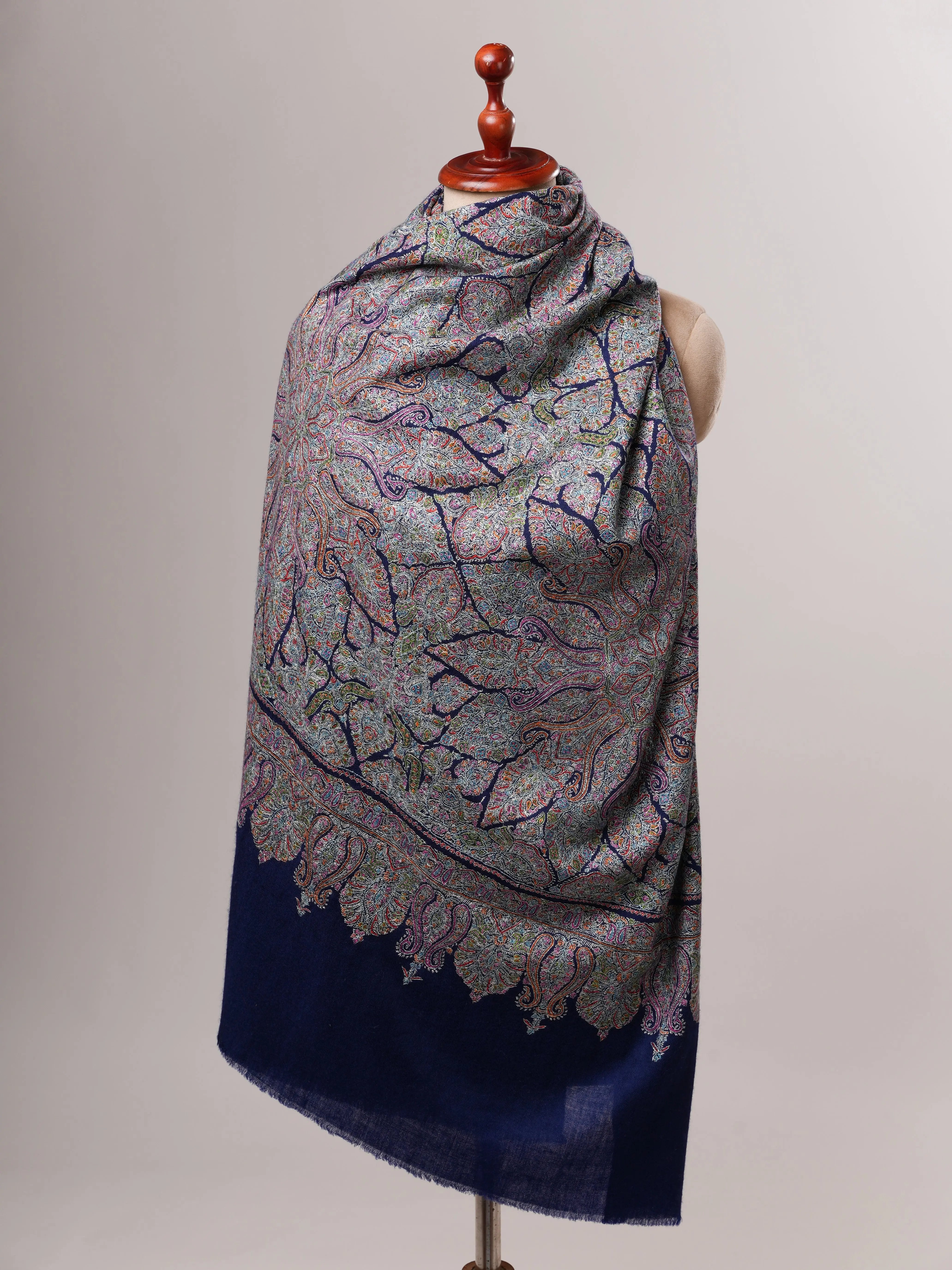 Hand Embroidered Navy Blue Jamavar Shawl with Tarukh Motif Shahkaar