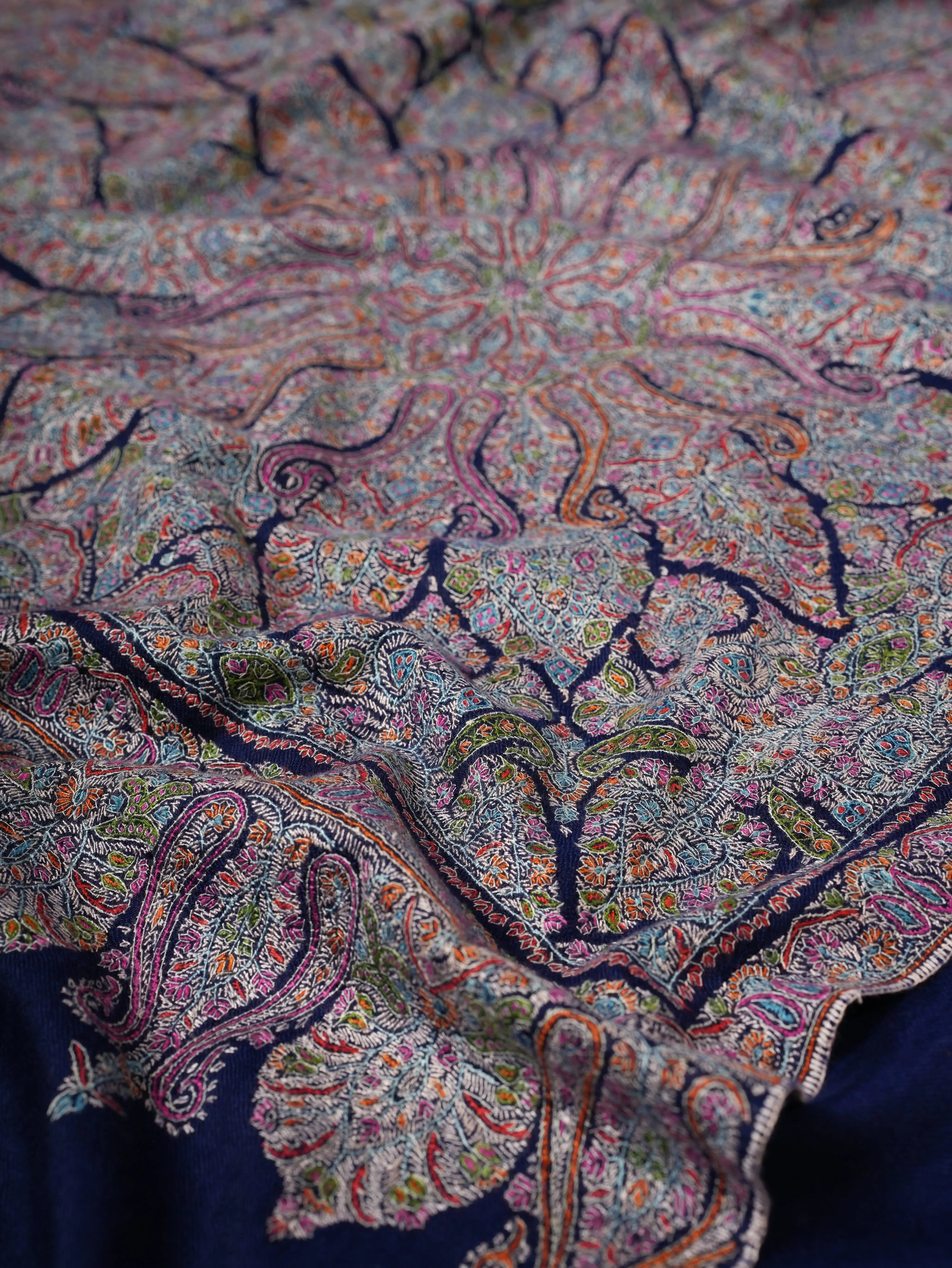 Hand Embroidered Navy Blue Jamavar Shawl with Tarukh Motif Shahkaar