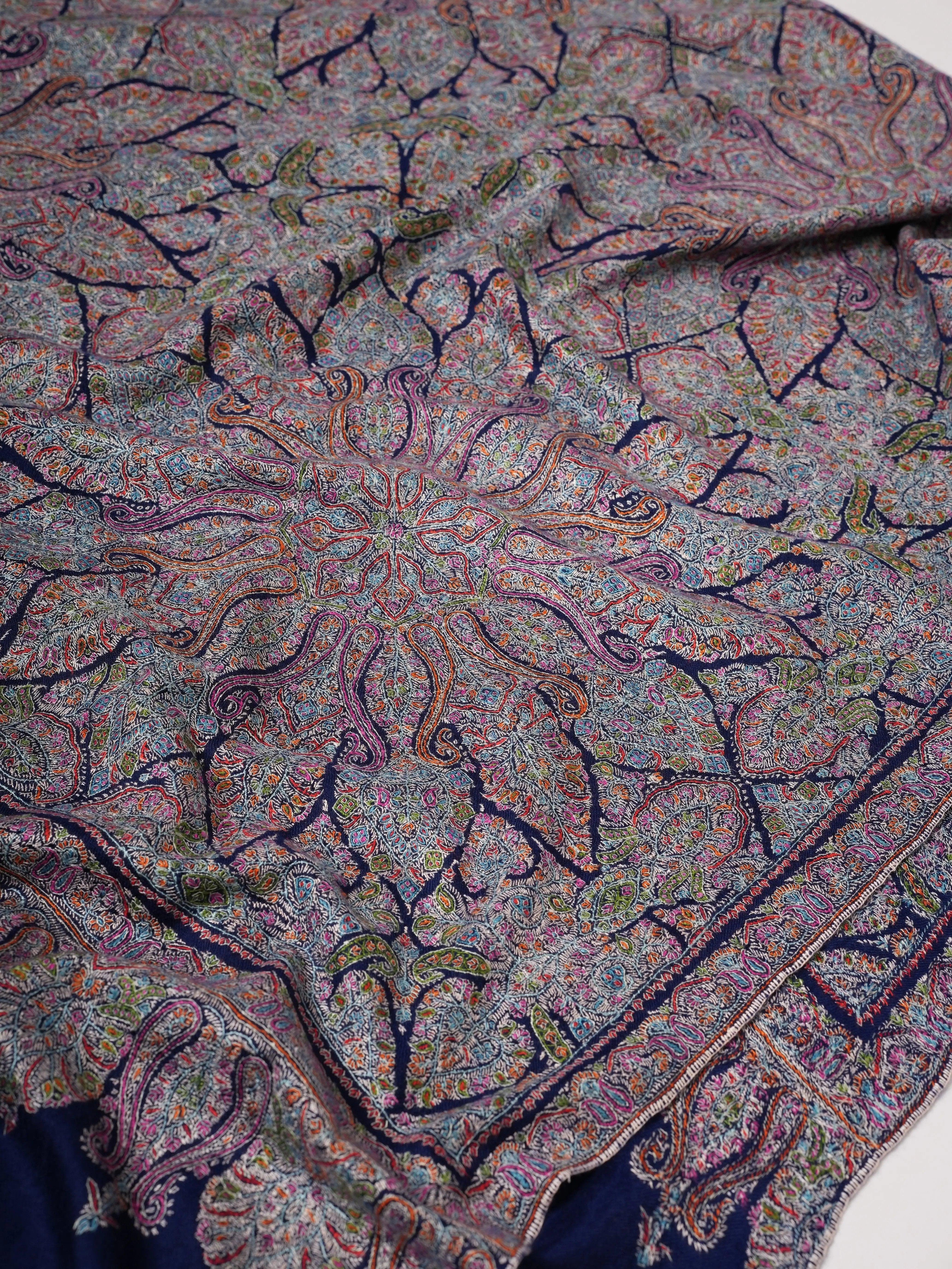 Hand Embroidered Navy Blue Jamavar Shawl with Tarukh Motif Shahkaar