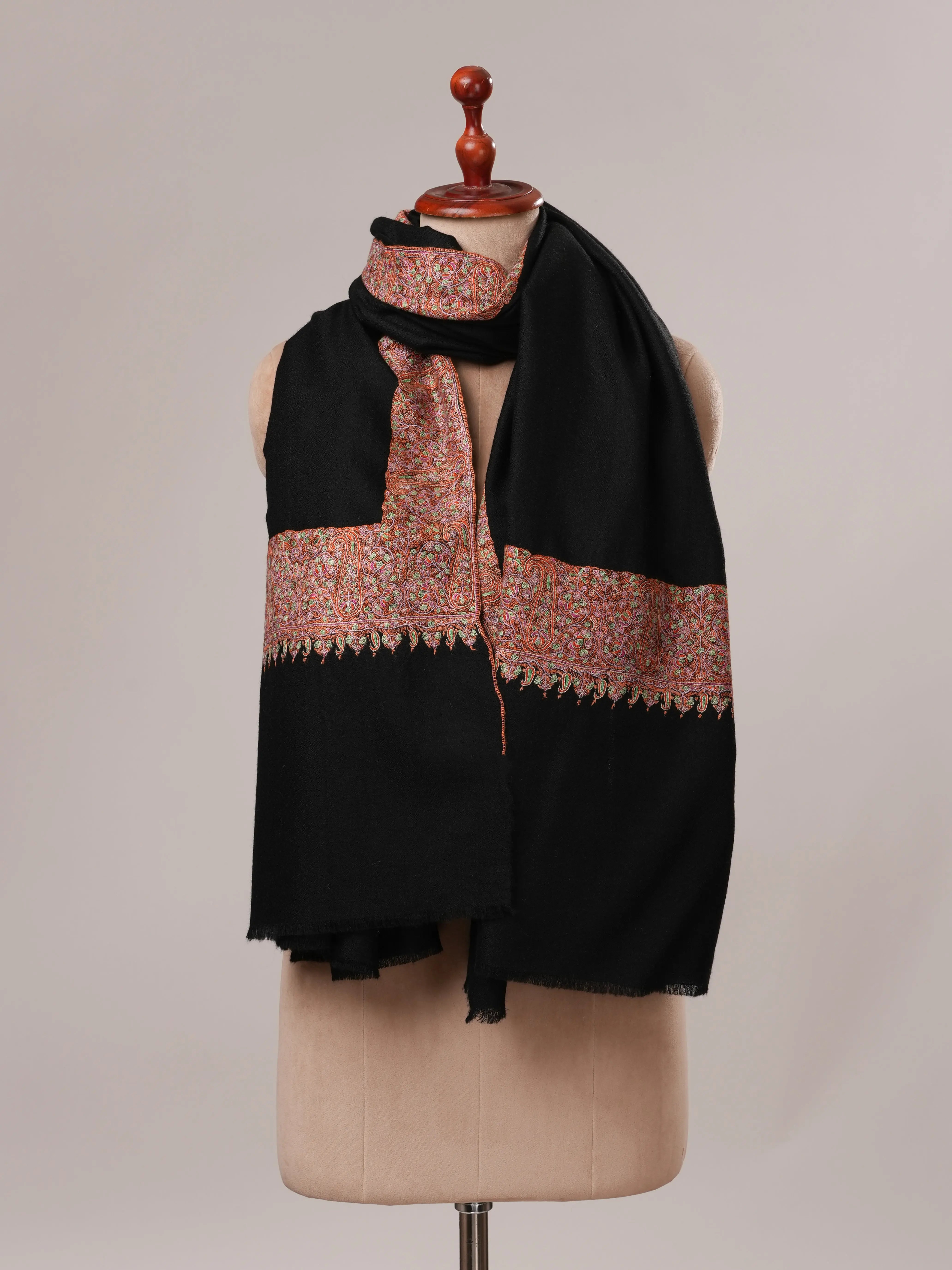 Black Sozni Classic Daurdar Hand Embroidered Pure Pashmina Shawl Shahkaar.com