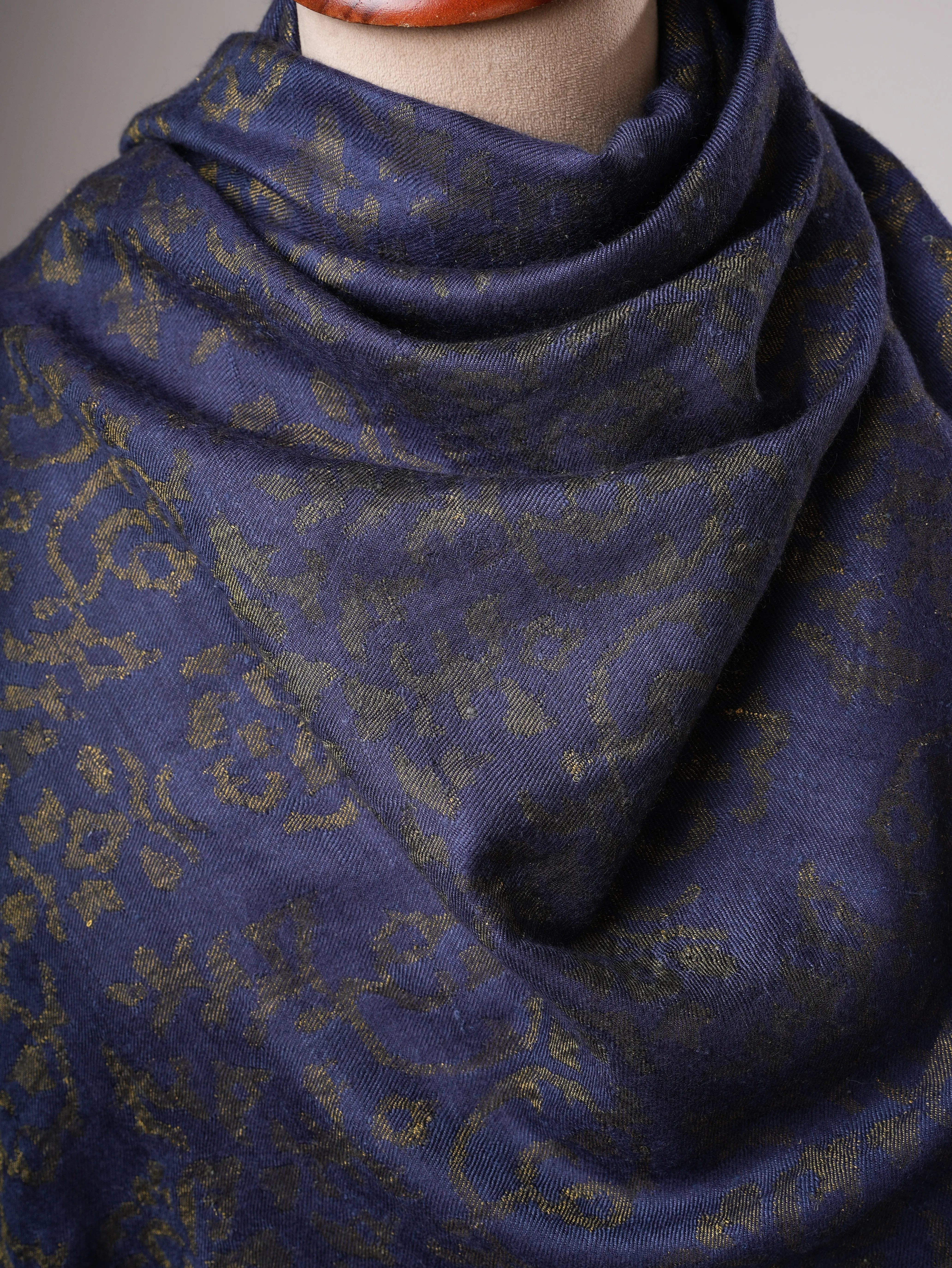 Luxury Blue Pashmina Kani Wrap with Handcrafted Gold Zari Motifs Shahkaar
