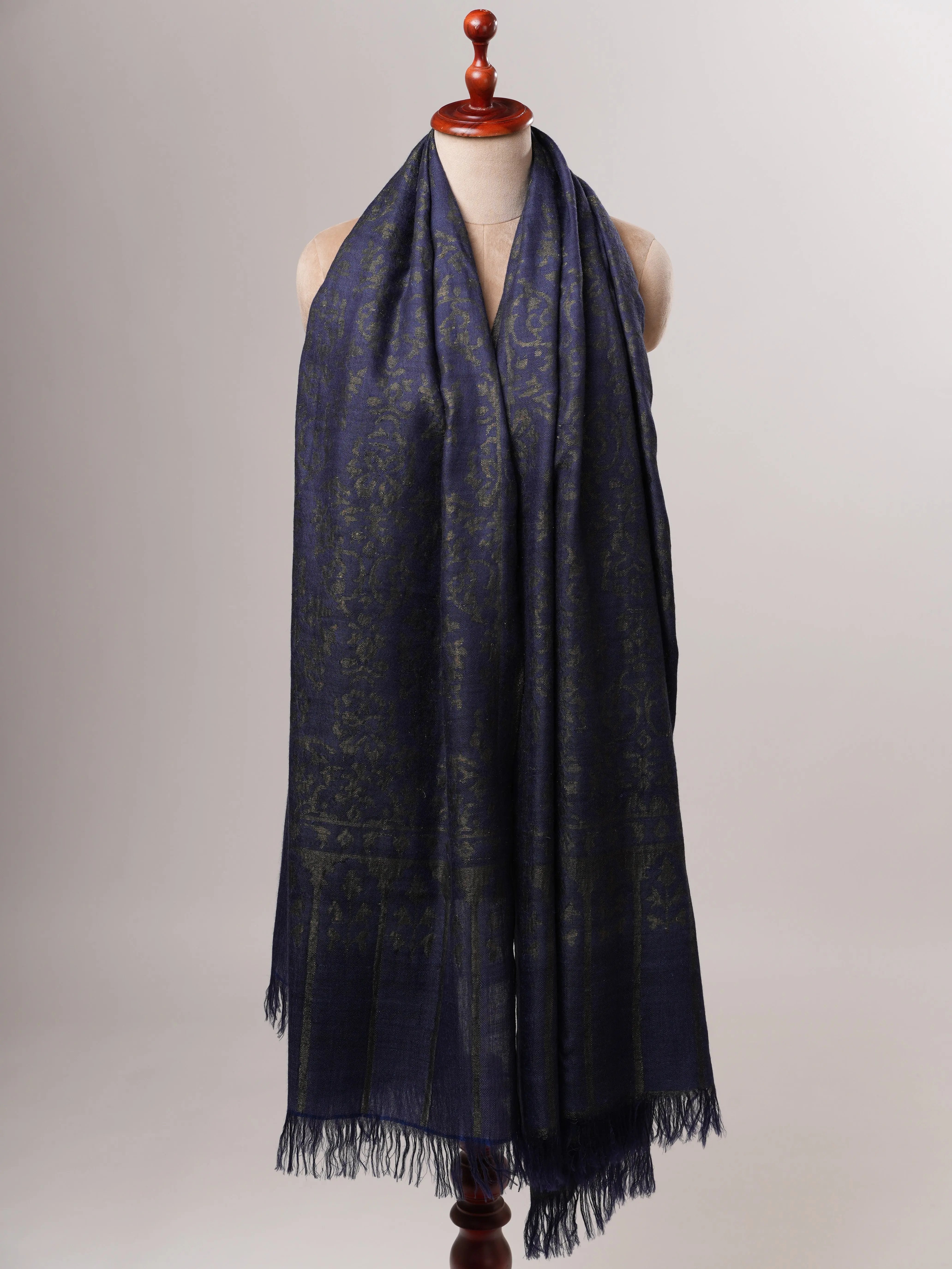 Luxury Blue Pashmina Kani Wrap with Handcrafted Gold Zari Motifs Shahkaar