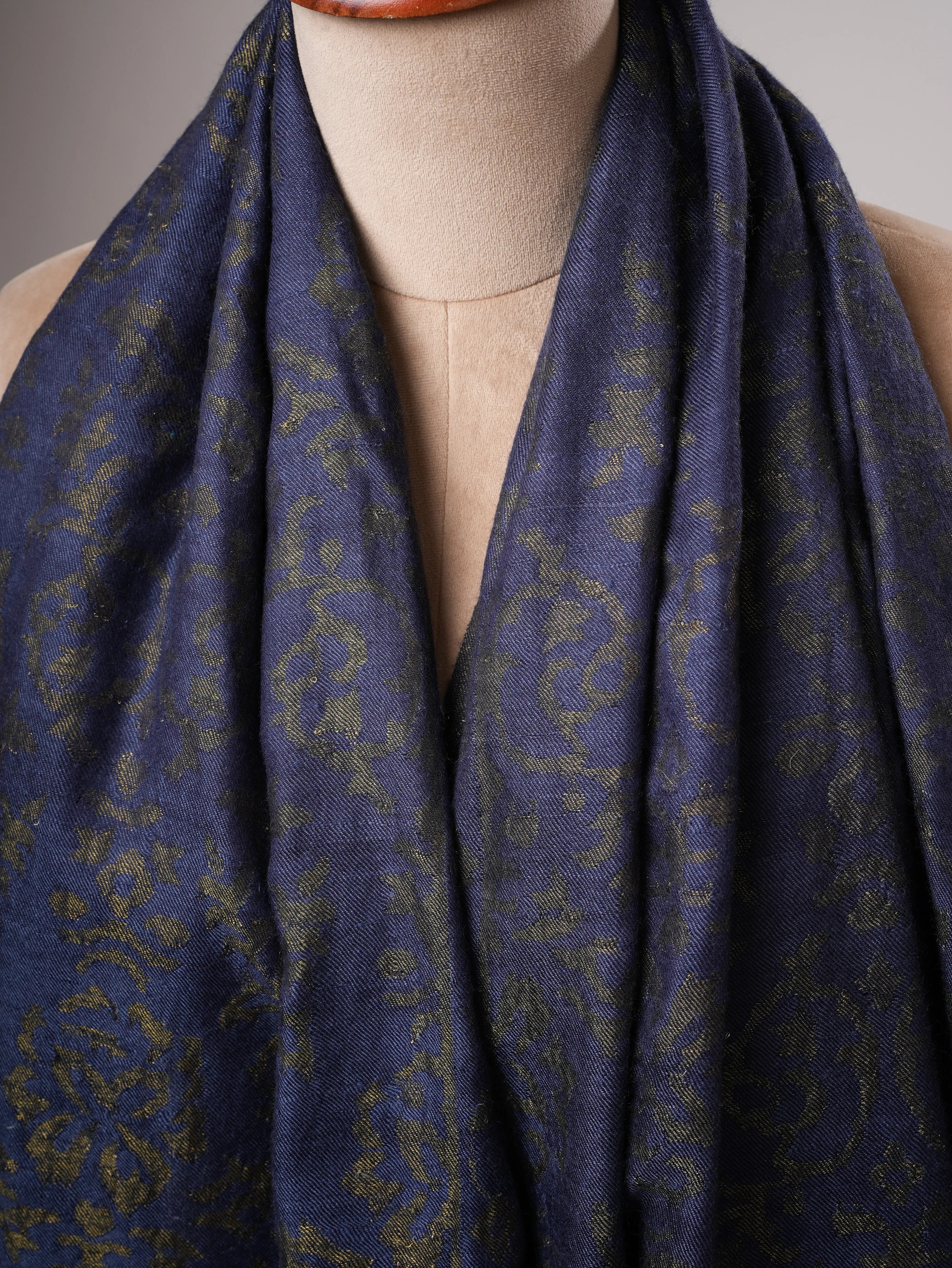 Luxury Blue Pashmina Kani Wrap with Handcrafted Gold Zari Motifs Shahkaar