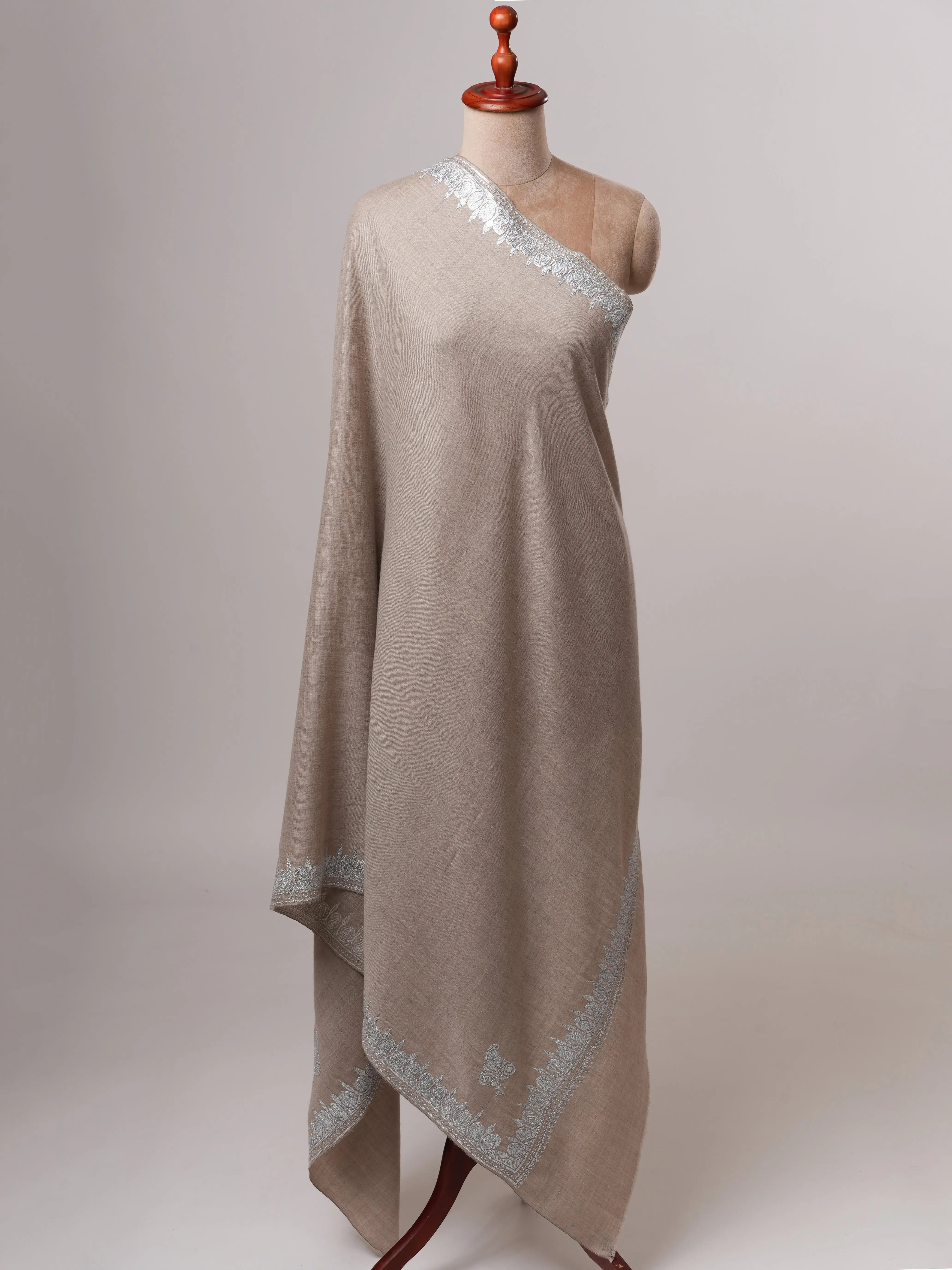 Grey Pashmina Shawl with Handcrafted Hashia Silver Tilla Work Shahkaar