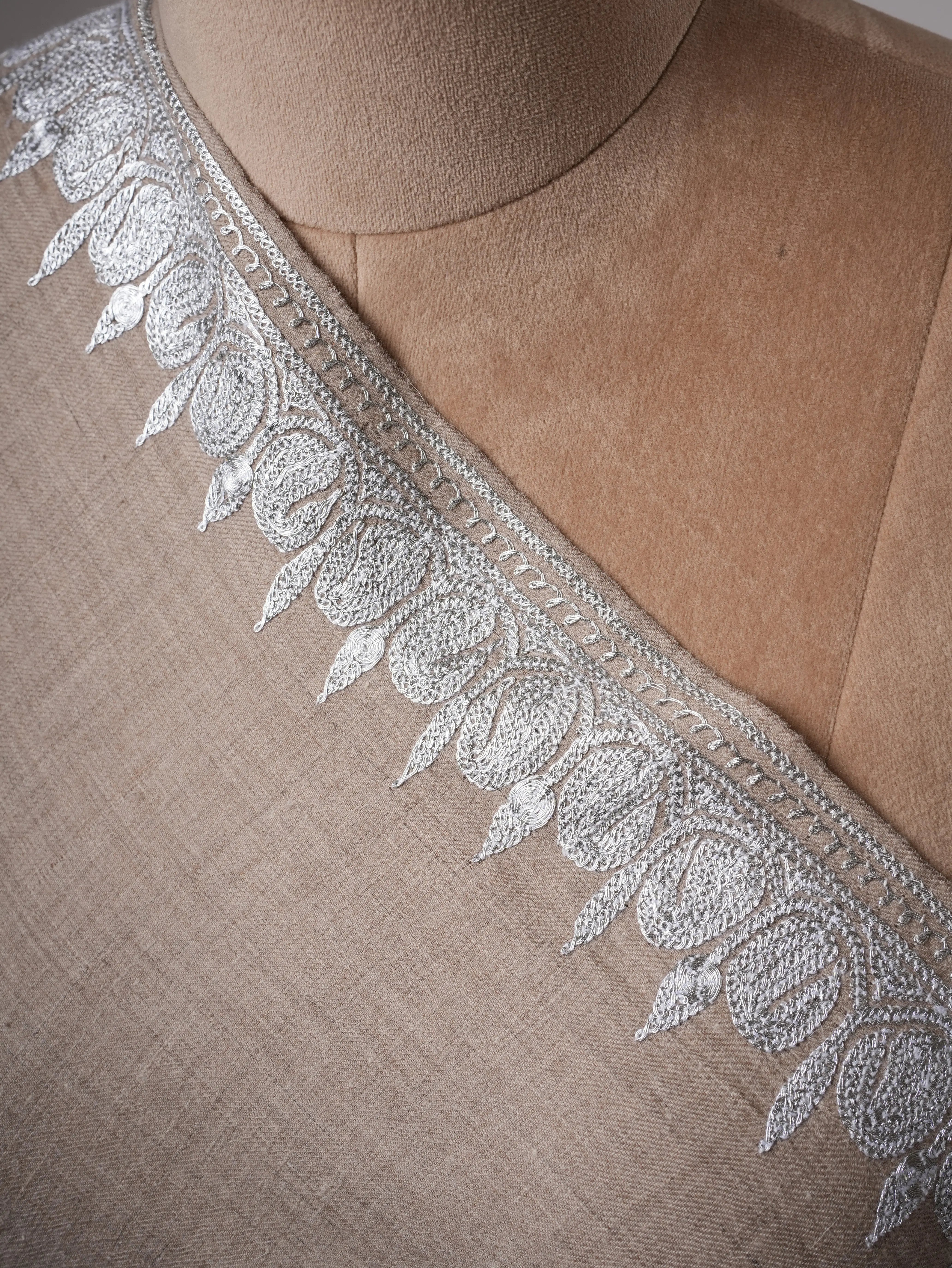 Grey Pashmina Shawl with Handcrafted Hashia Silver Tilla Work Shahkaar