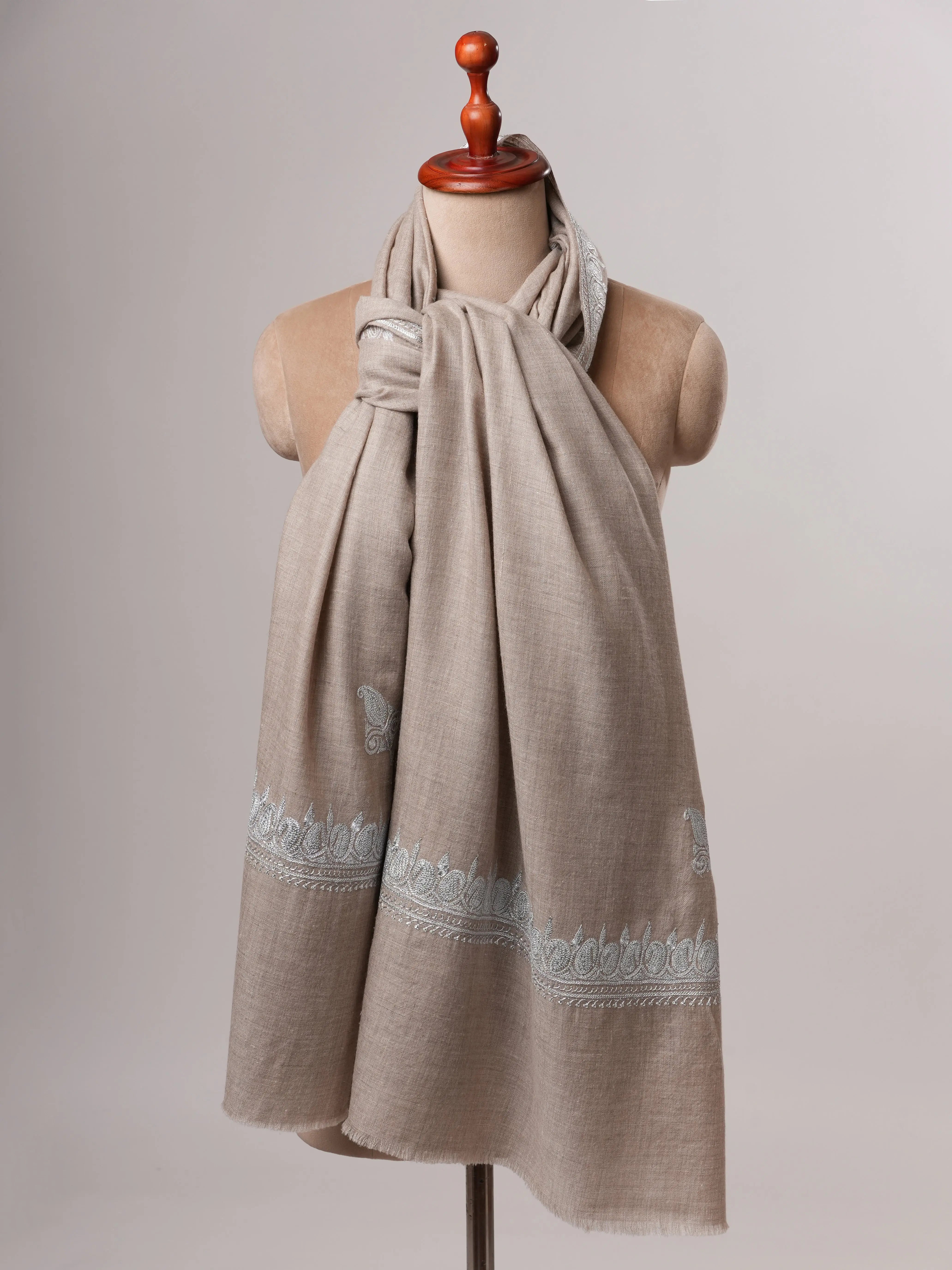 Grey Pashmina Shawl with Handcrafted Hashia Silver Tilla Work Shahkaar