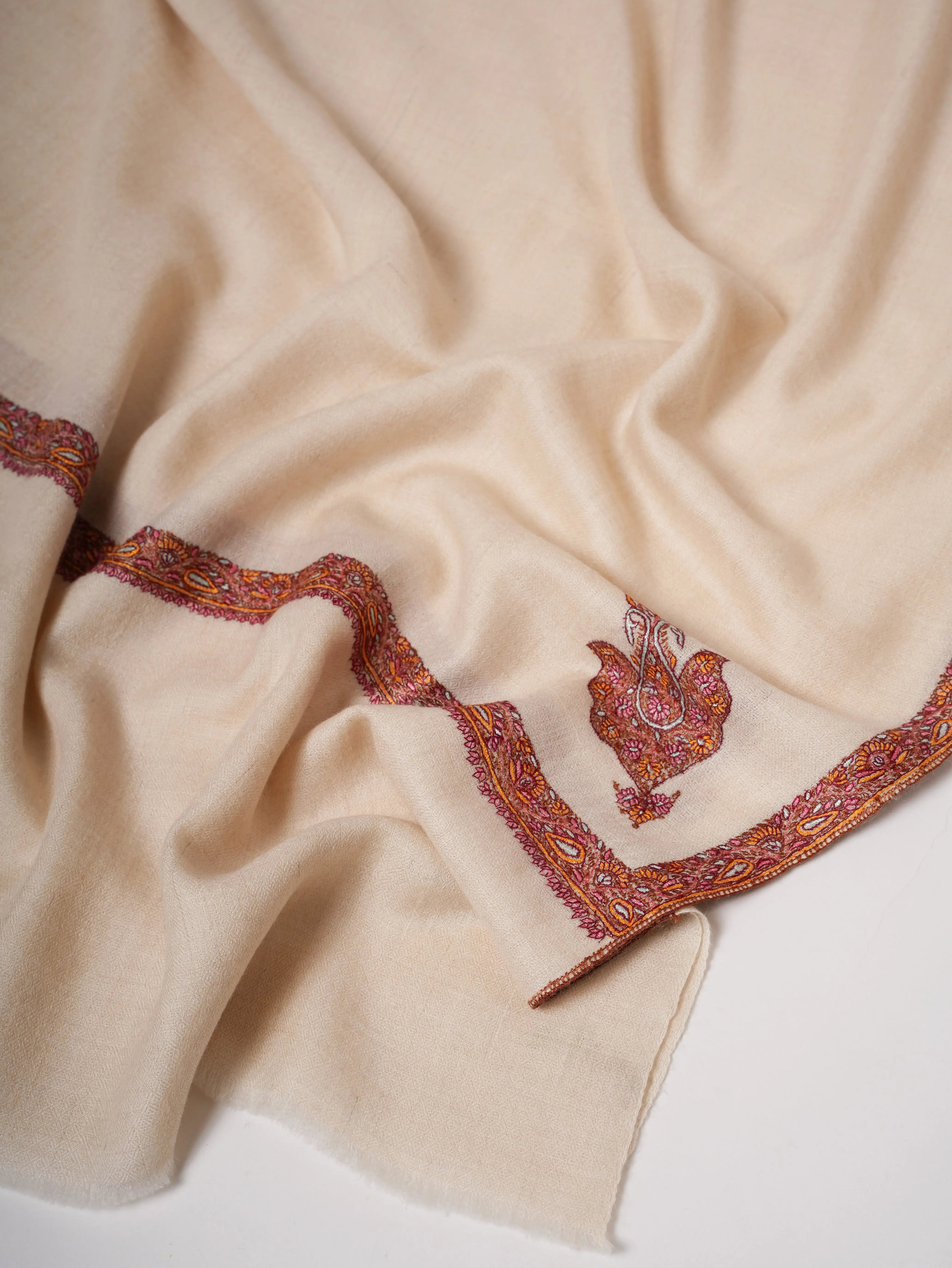 Artisan Made Ivory Pashmina Shawl Featuring Hashia Hand Embroidery Shahkaar