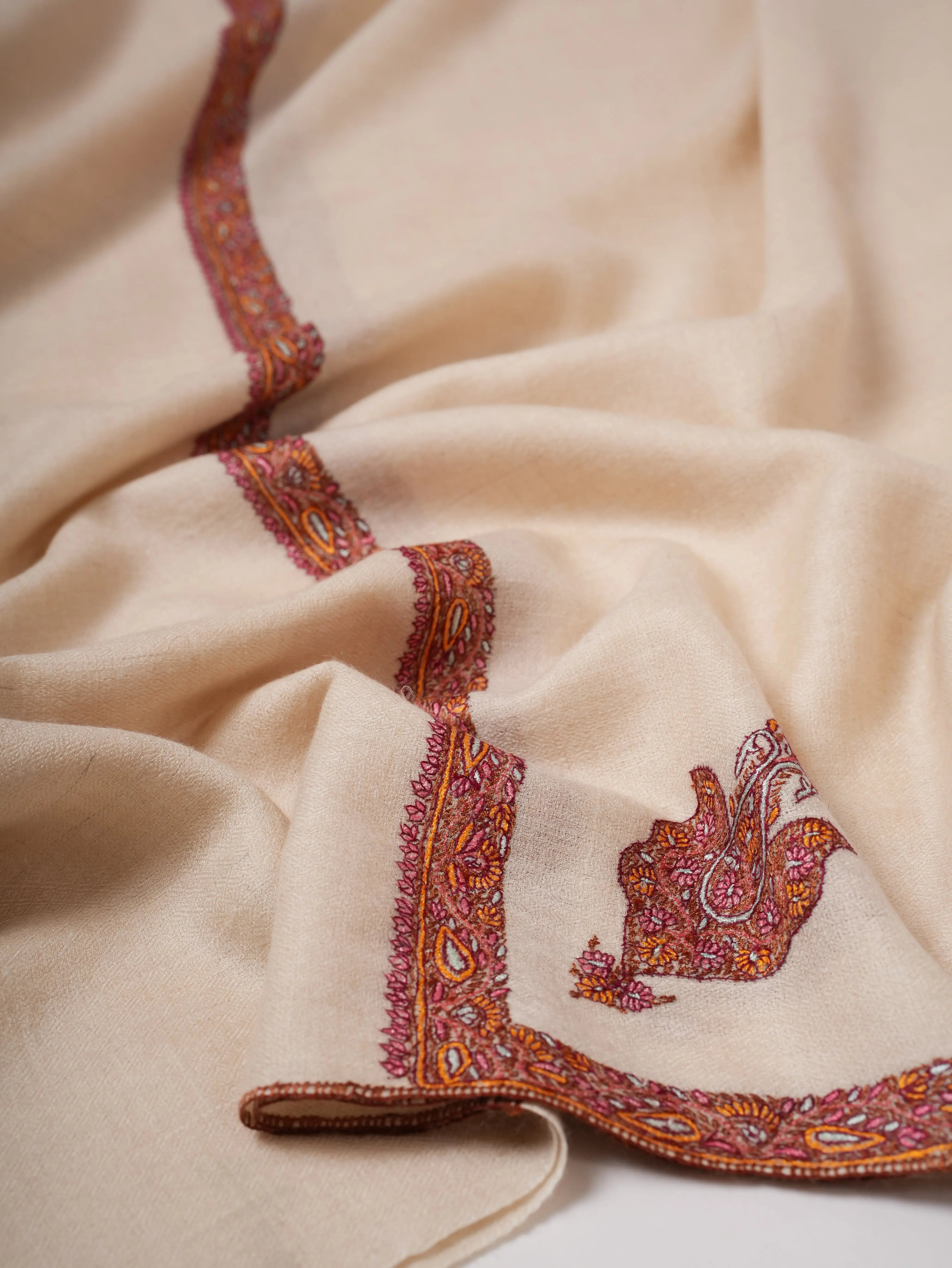 Artisan Made Ivory Pashmina Shawl Featuring Hashia Hand Embroidery Shahkaar