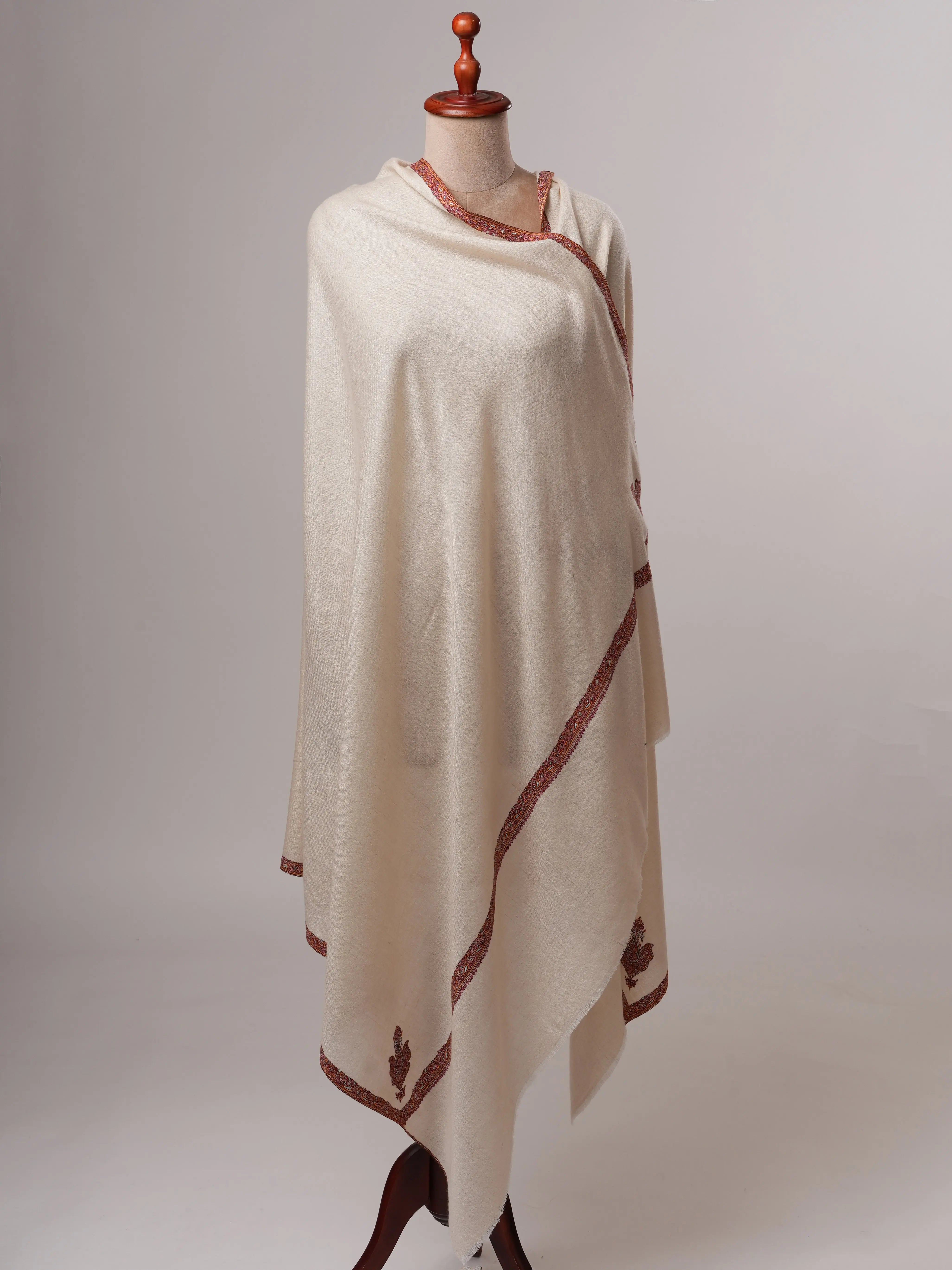 Artisan Made Ivory Pashmina Shawl Featuring Hashia Hand Embroidery Shahkaar