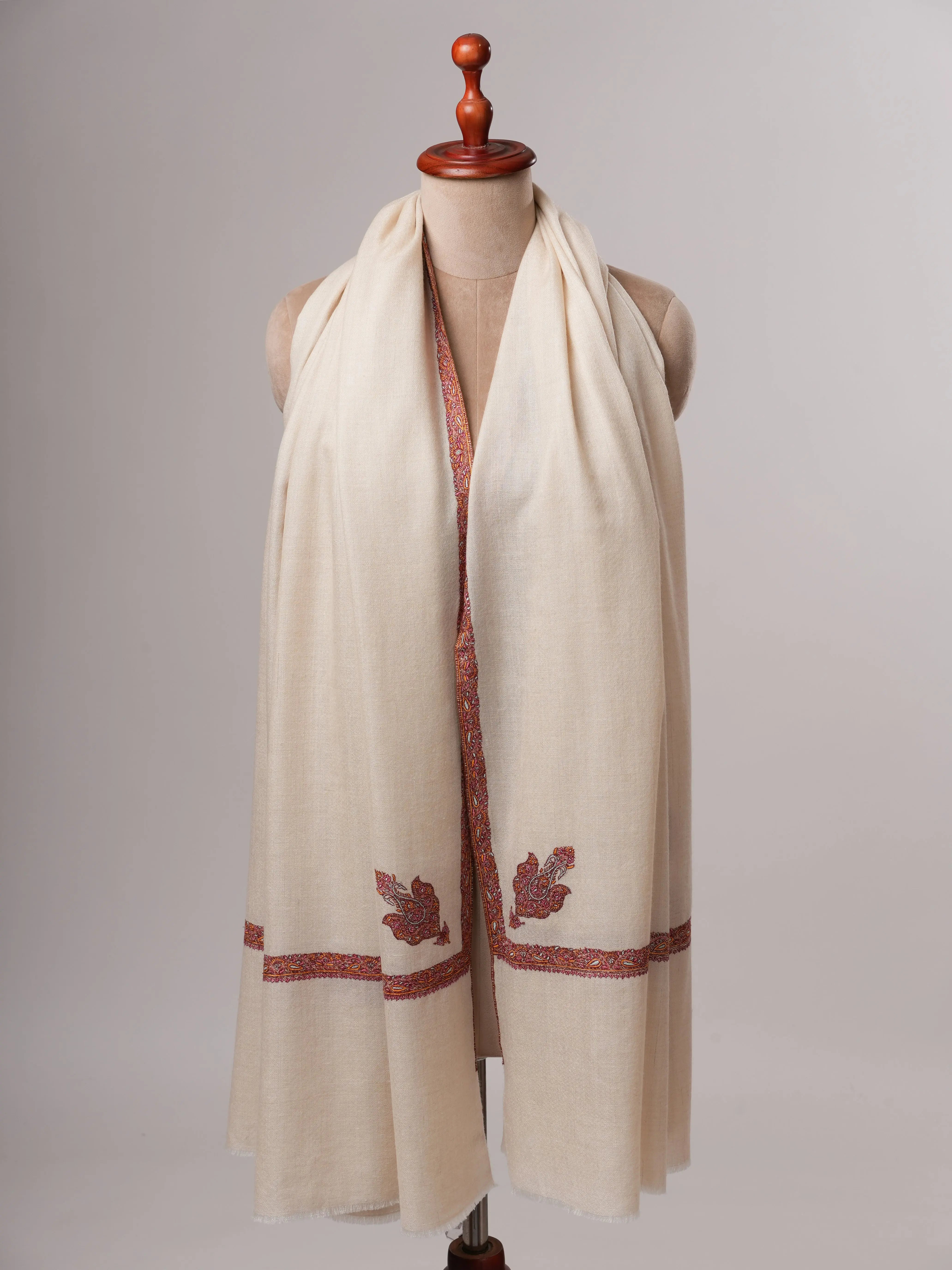 Artisan Made Ivory Pashmina Shawl Featuring Hashia Hand Embroidery Shahkaar