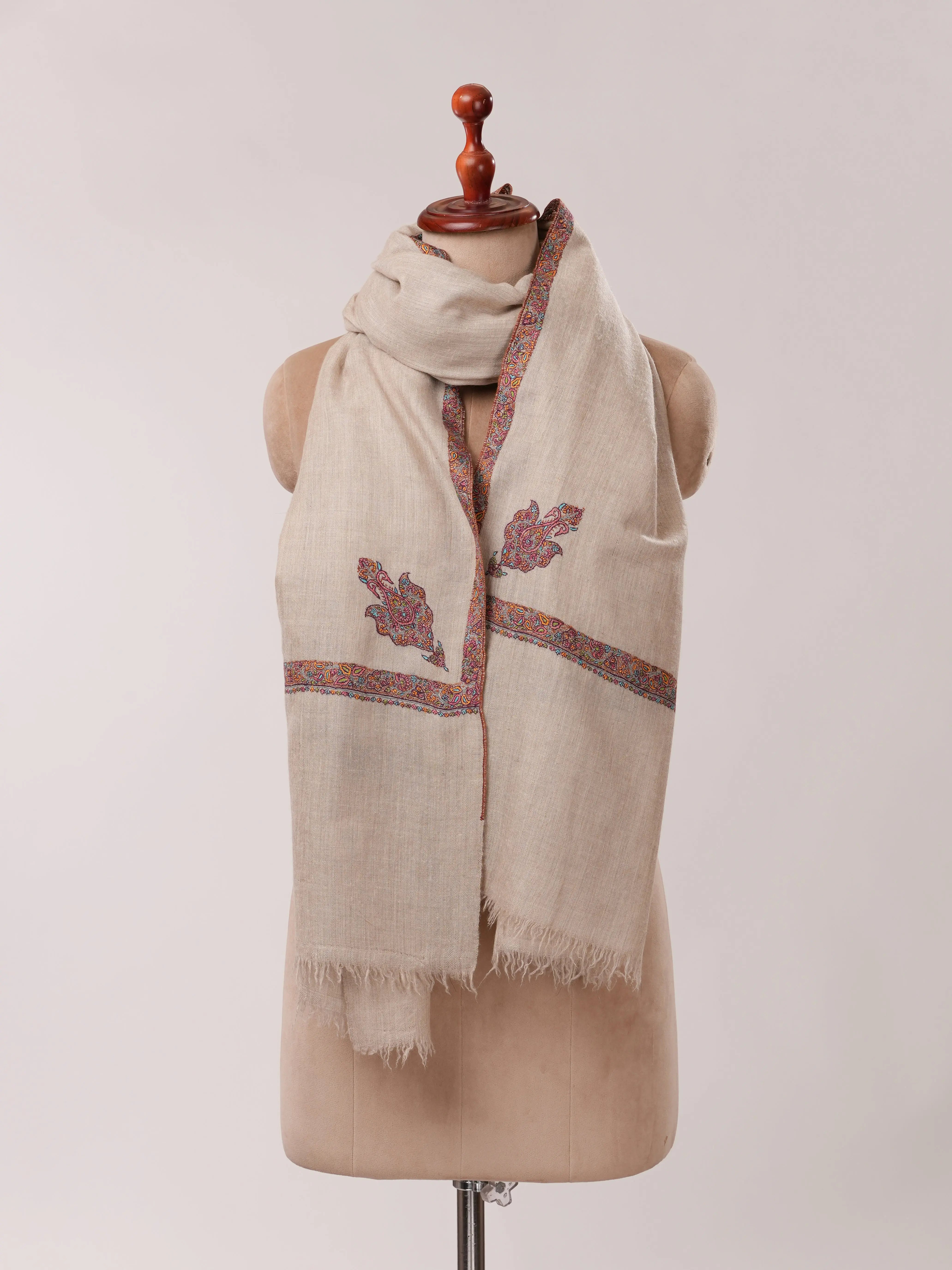 Natural Grey Pashmina Shawl with Hashia Embroidery & Classic Corner Motif Shahkaar.com