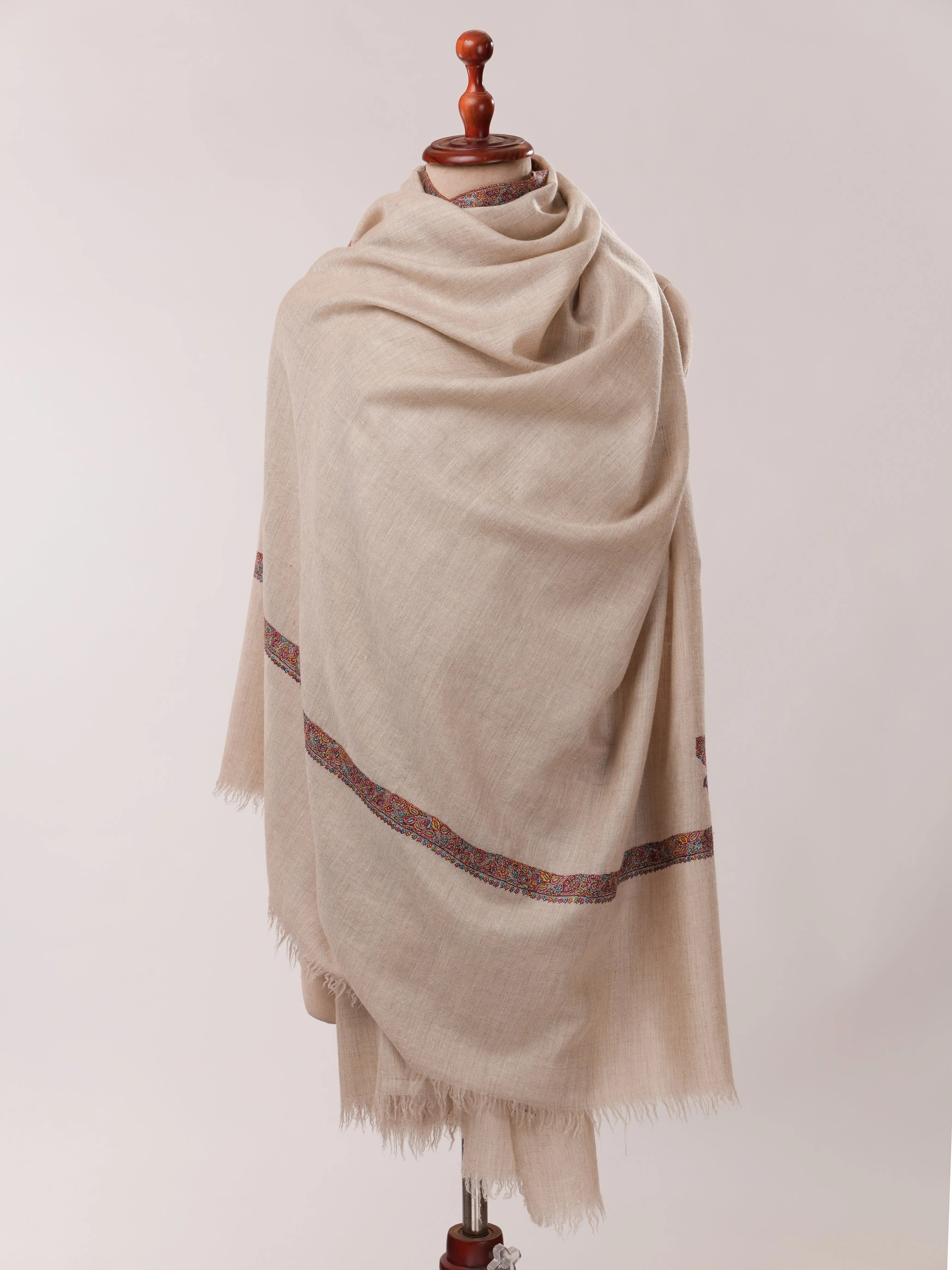 Natural Grey Pashmina Shawl with Hashia Embroidery & Classic Corner Motif Shahkaar.com
