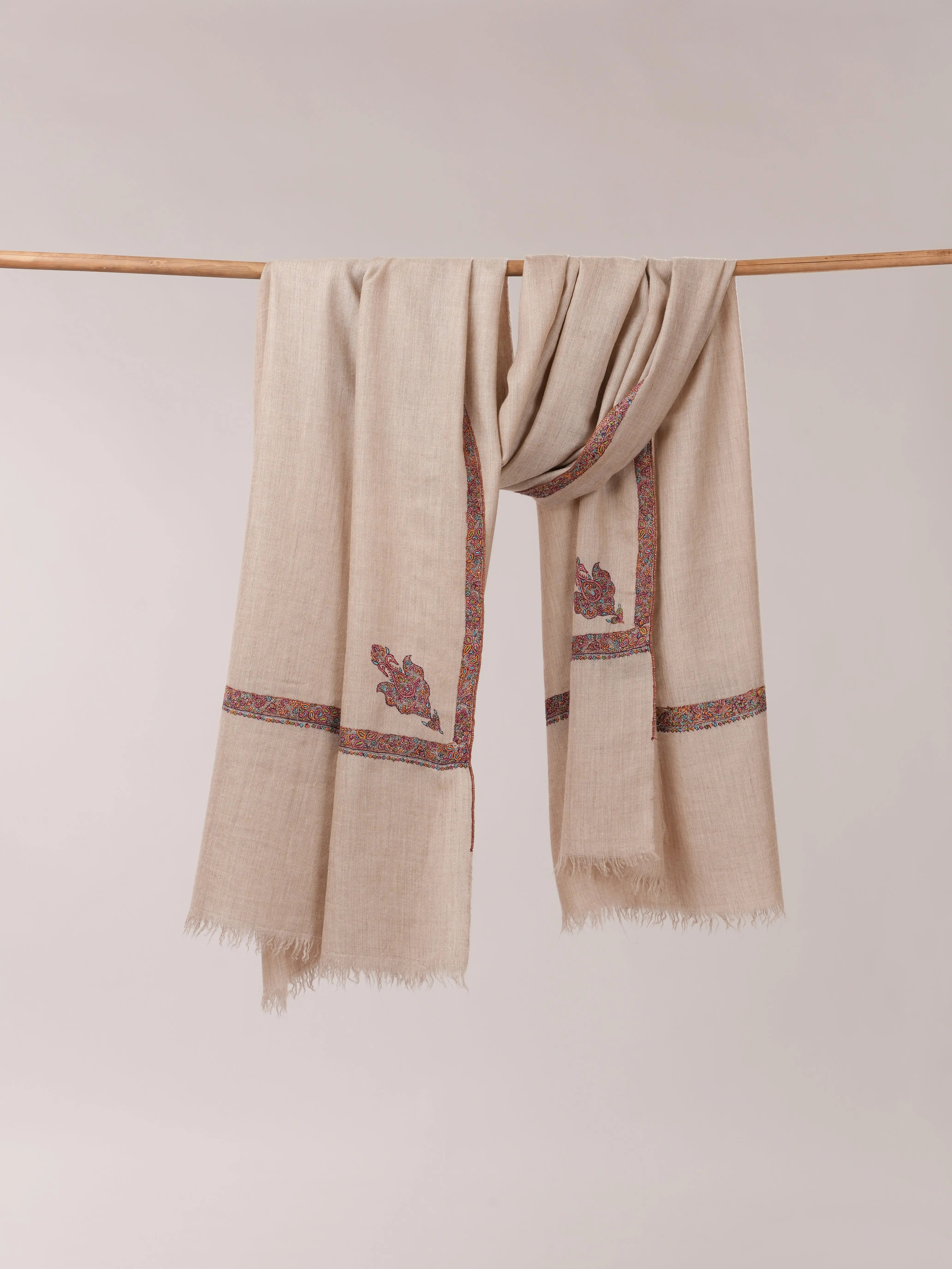 Natural Grey Pashmina Shawl with Hashia Embroidery & Classic Corner Motif Shahkaar.com