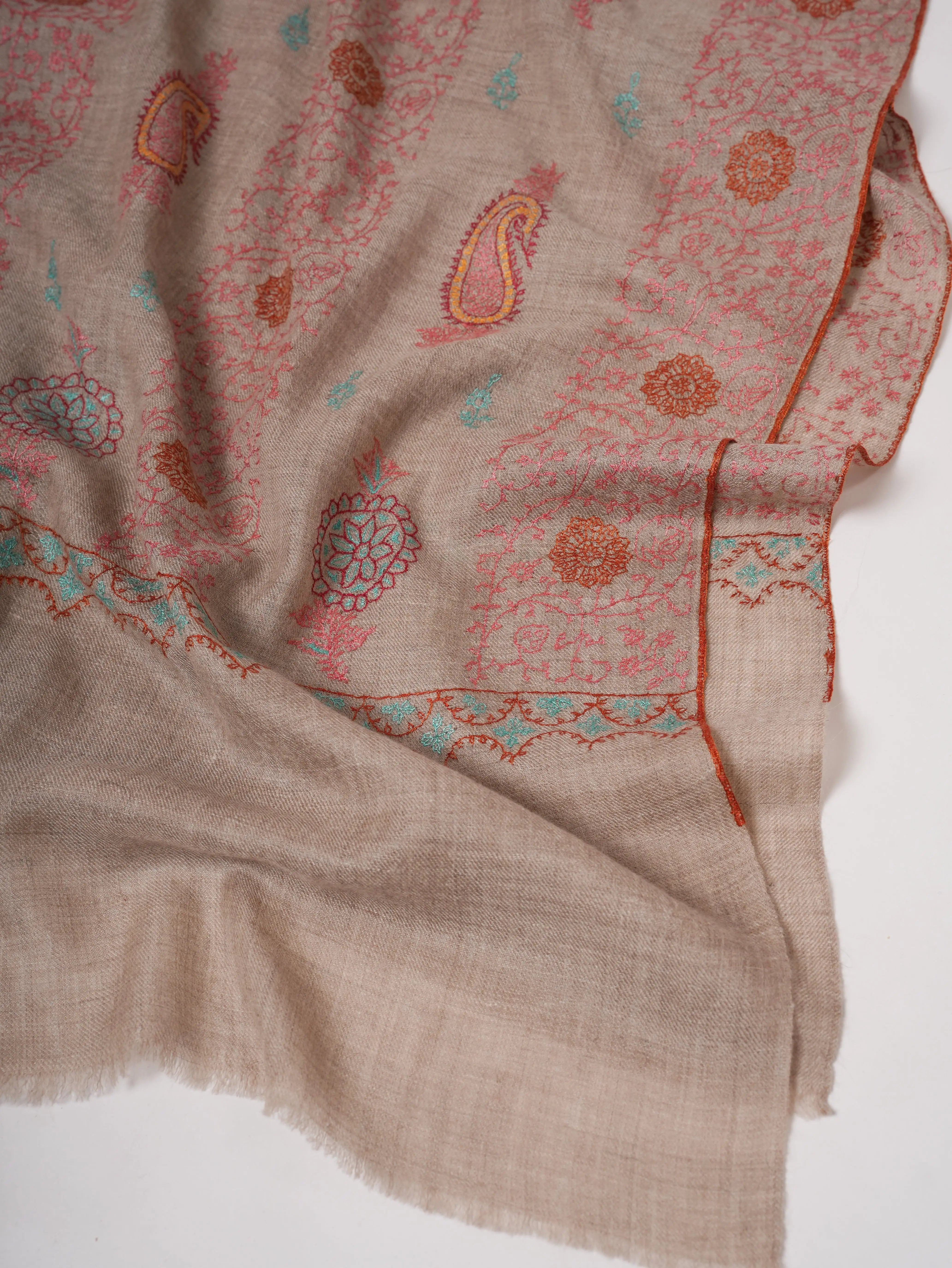 Artisan Made Grey Cashmere Scarf with Detailed Hand Embroidery Shahkaar