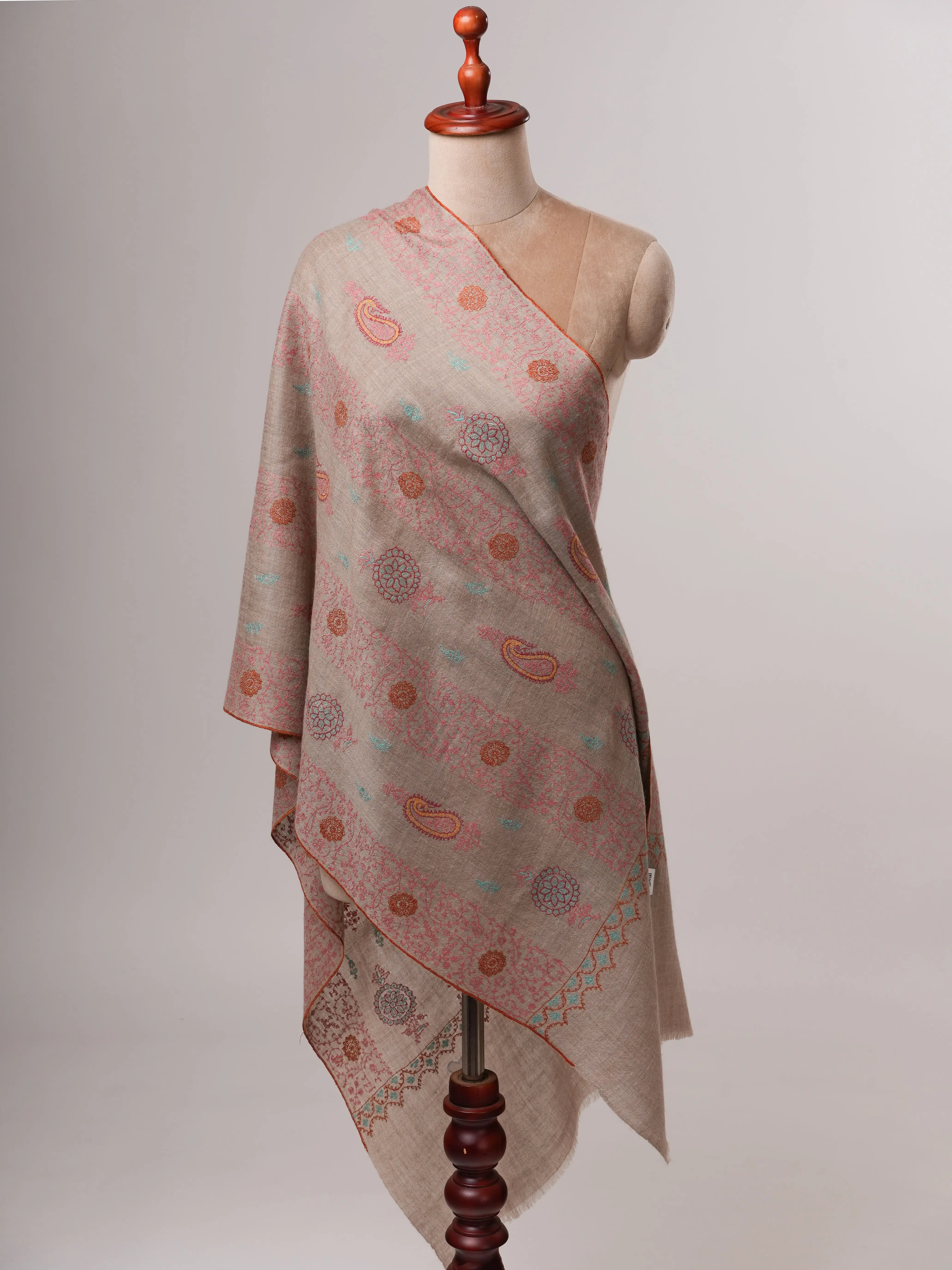 Artisan Made Grey Cashmere Scarf with Detailed Hand Embroidery Shahkaar